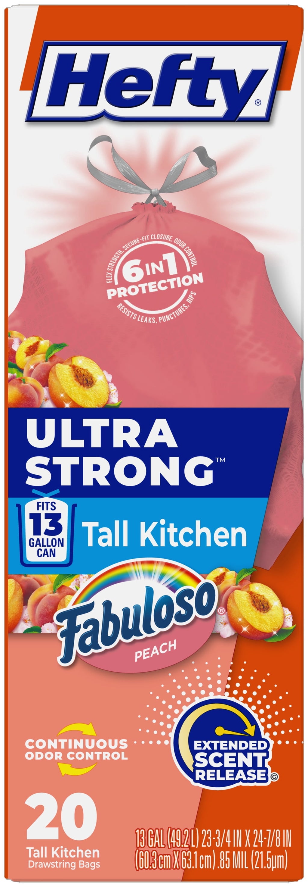 Hefty Ultra Strong 13 Gallon Trash Bags - Tall Kitchen Trash Bags, Peach, Fabuloso Peach Scent, 20 Bags