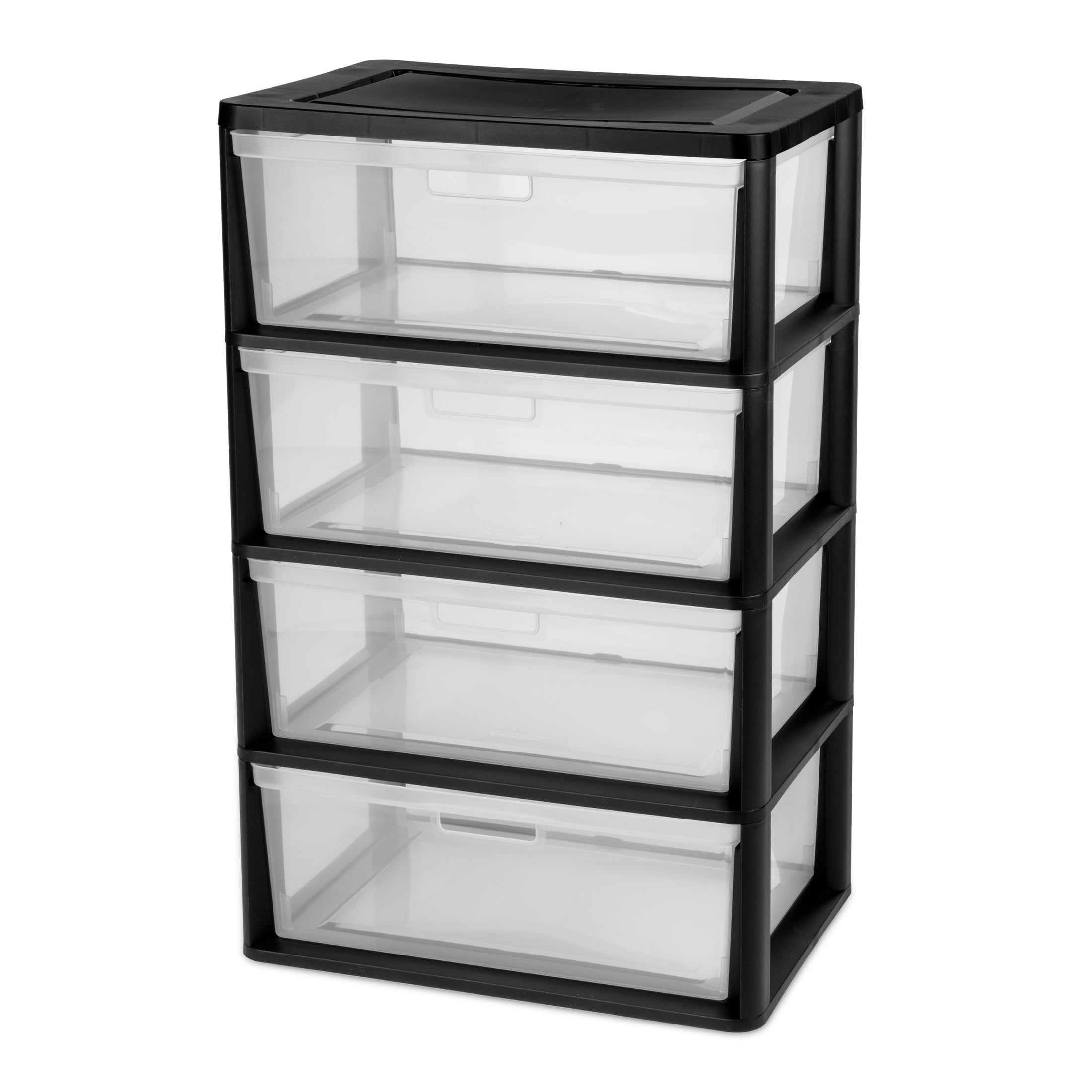 Sterilite Wide 4 Drawer Tower - Plastic Storage Organizer with Removable Clear Bins, Easy Assembly, No Tools Needed, Black - 2-Pack