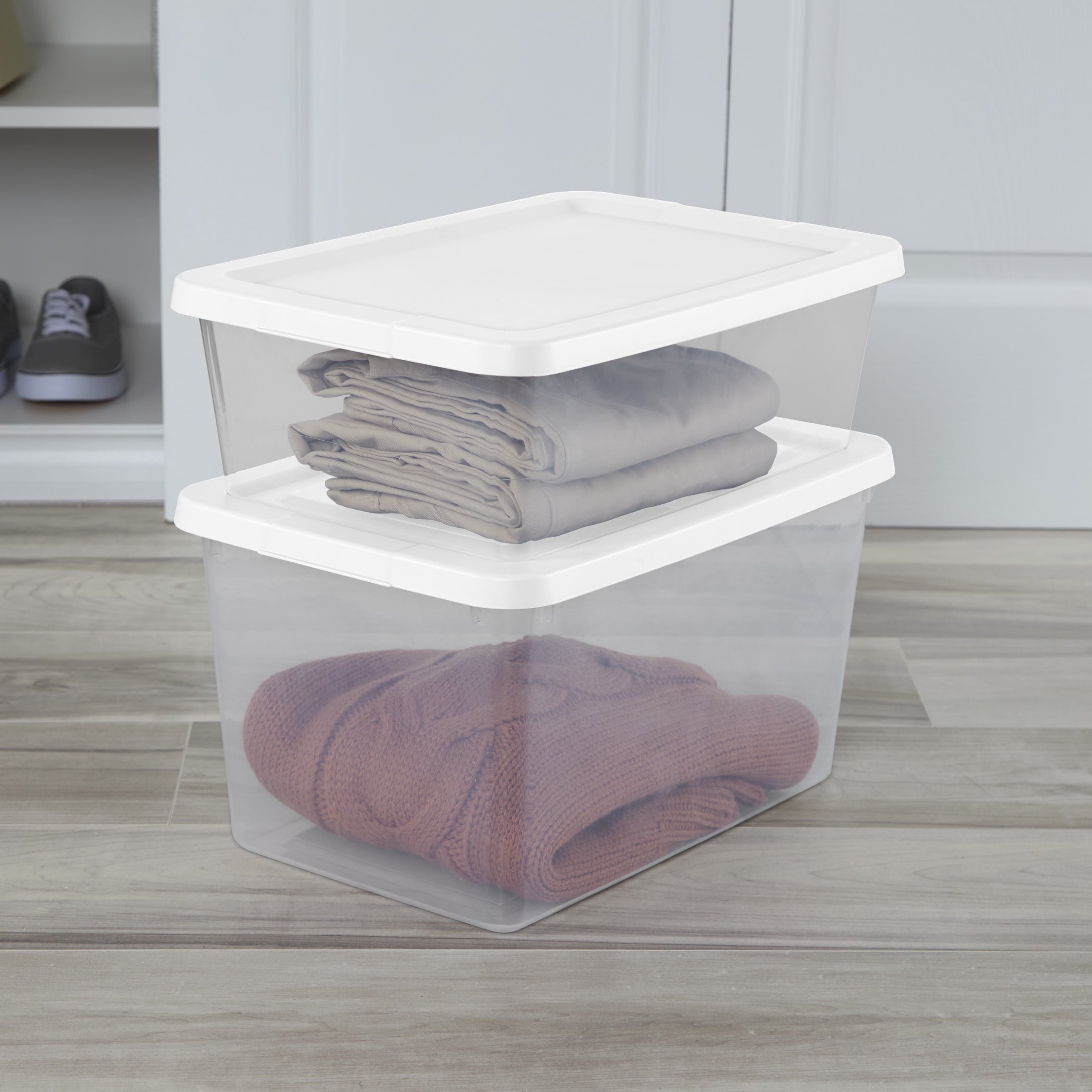 Sterilite Small Storage Bin - 20 Quart Clear Plastic Storage Container with Snap-On Lid, White, 8 Pack