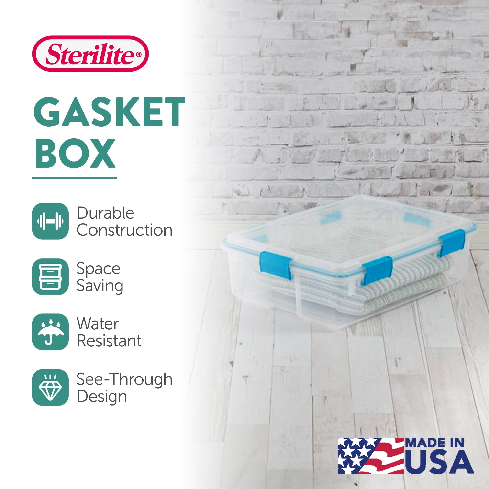 Sterilite 4-Pack Gasket Box - Clear Plastic Home Storage Organizer Bins with Lids, 37 Qt