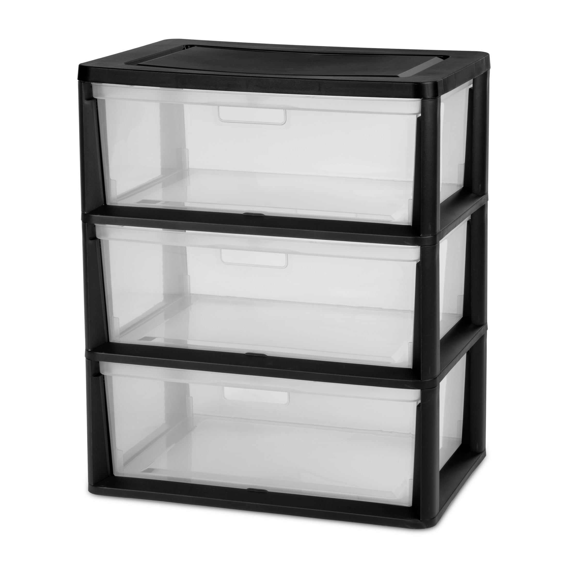 Sterilite Wide 3 Drawer Tower - Plastic Storage Organizer with Removable Clear Bins, Easy Assembly, No Tools Needed, Black - 2-Pack