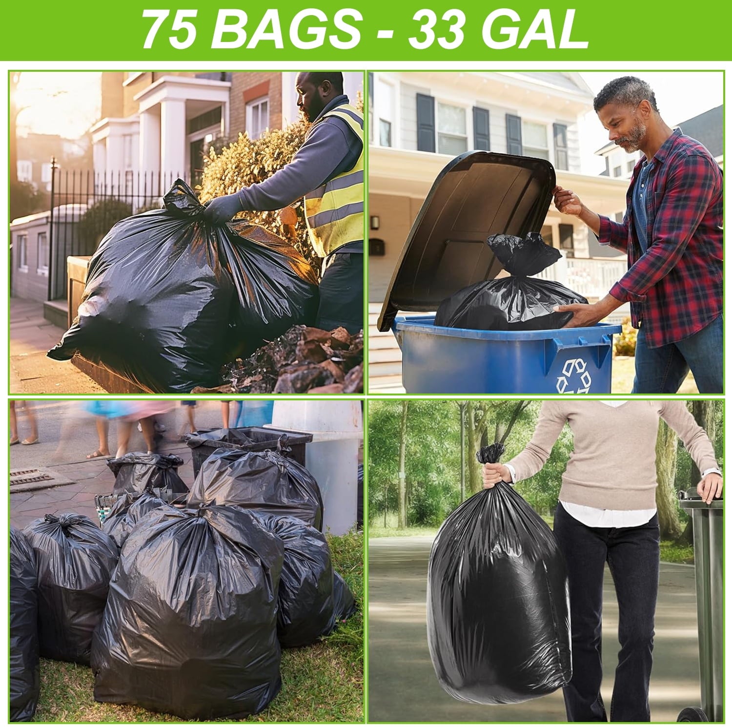 33 Gallon Trash Bags (85Count) - 30-33 Gallon Black Garbage Bags, Garbage Can Liners with Tying Ropes