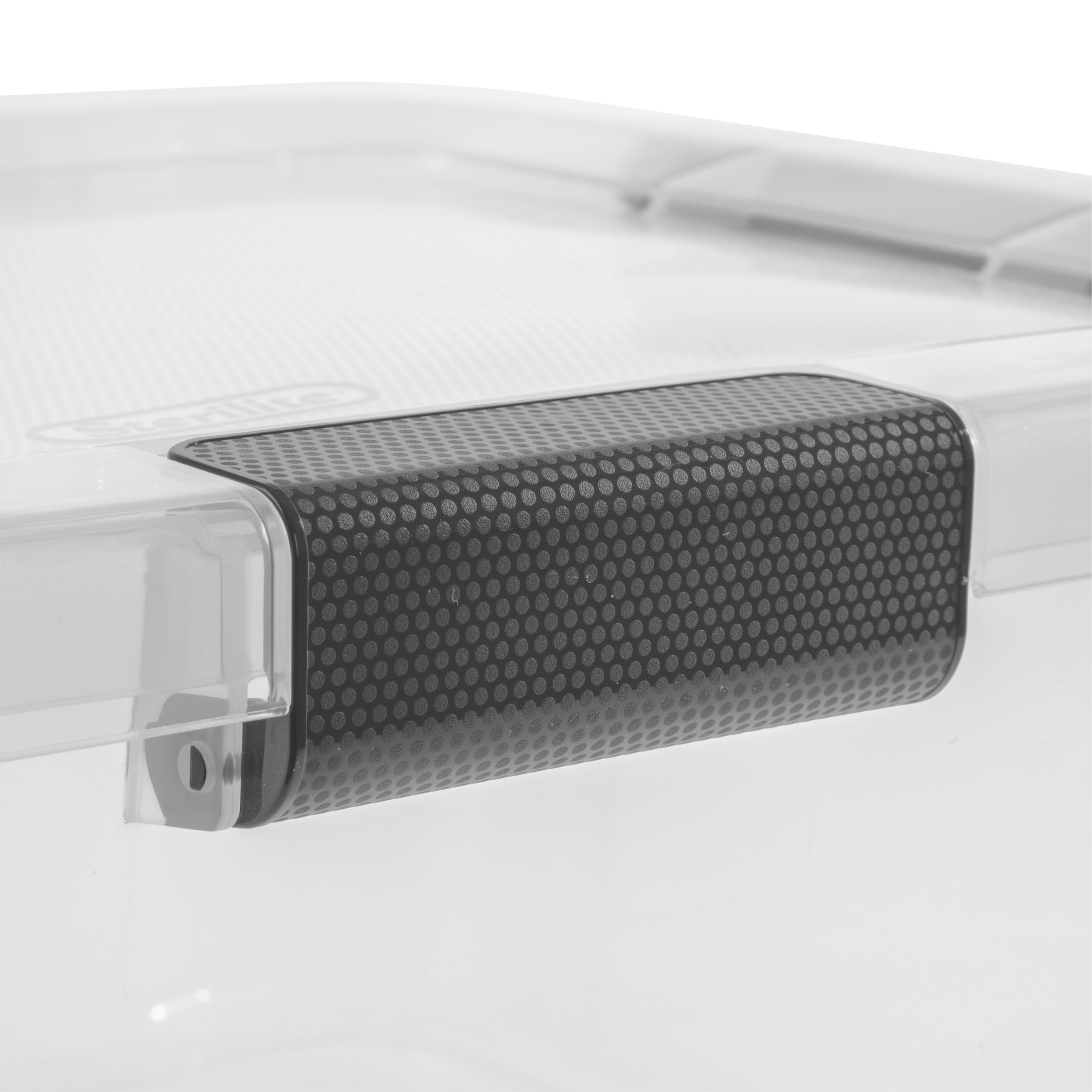 Sterilite 30 Quart HingeLID Storage Box - Clear Bin, Latch Lid, Comfort Grip, Dk Gray