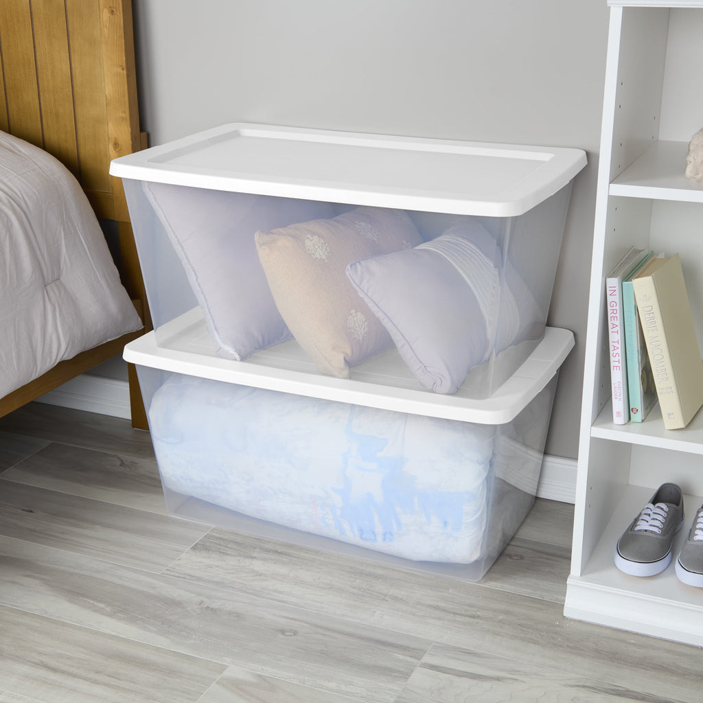 Sterilite 90 Quart Storage Box - Clear Plastic Storage Bin with Snap-on Lid, White, 4 Pack