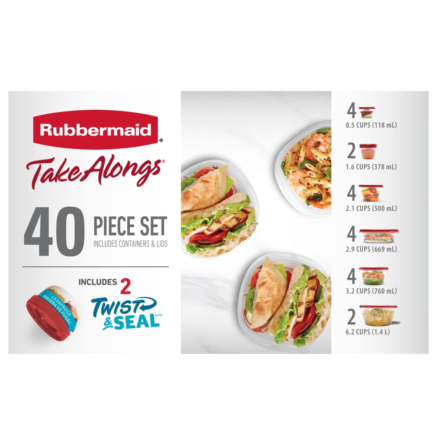 Rubbermaid TakeAlongs 40 Piece Food Storage Set - Red, Total of 12.6 Qts - 2-Pack