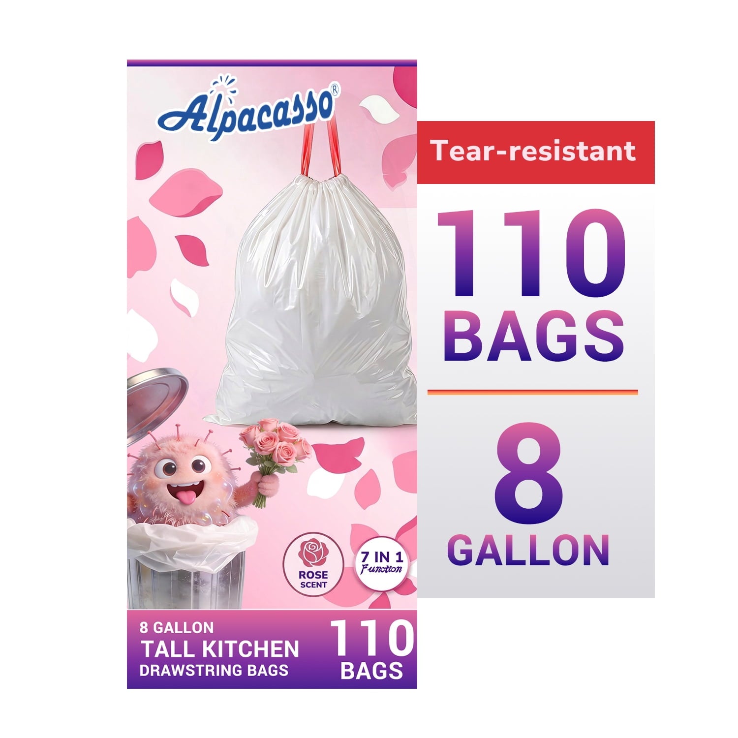 8 Gallon Trash Bags Rose Scented (110 Count) - Tall Kitchen Drawstring Garbage Bags, 6-8 Gallon Garbage Bags (White)