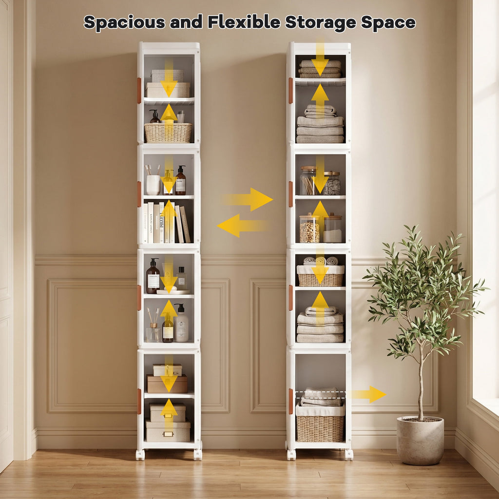 Avaloomia Home 4 Tier Stackable Storage Bins with Lids and Wheels - 108QT Folding Storage Cabinets Plastic Closet Organizer and Storage for Bathroom Living Room Office, White