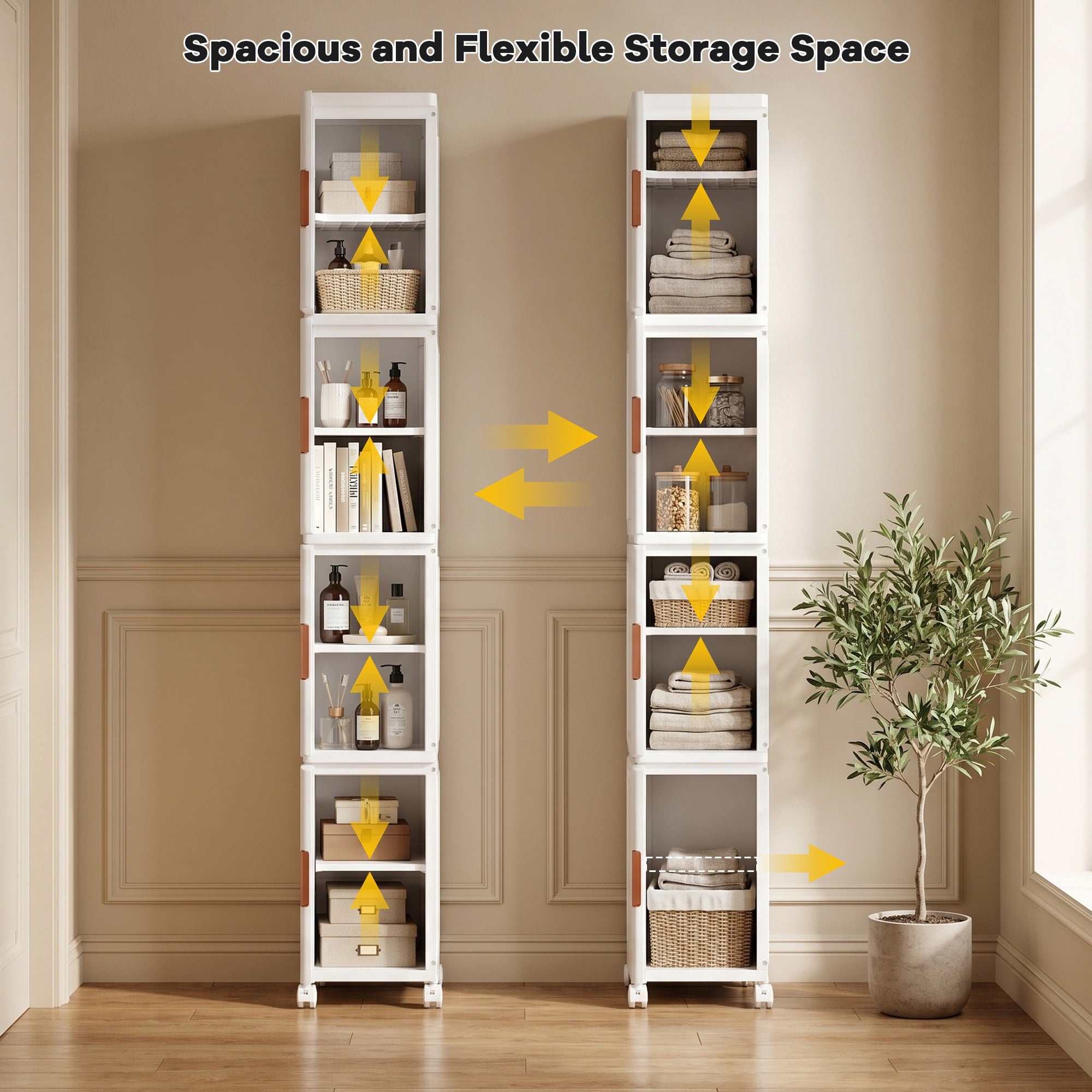 Avaloomia Home 4 Tier Stackable Storage Bins with Lids and Wheels - 108QT Folding Storage Cabinets Plastic Closet Organizer and Storage for Bathroom Living Room Office, White
