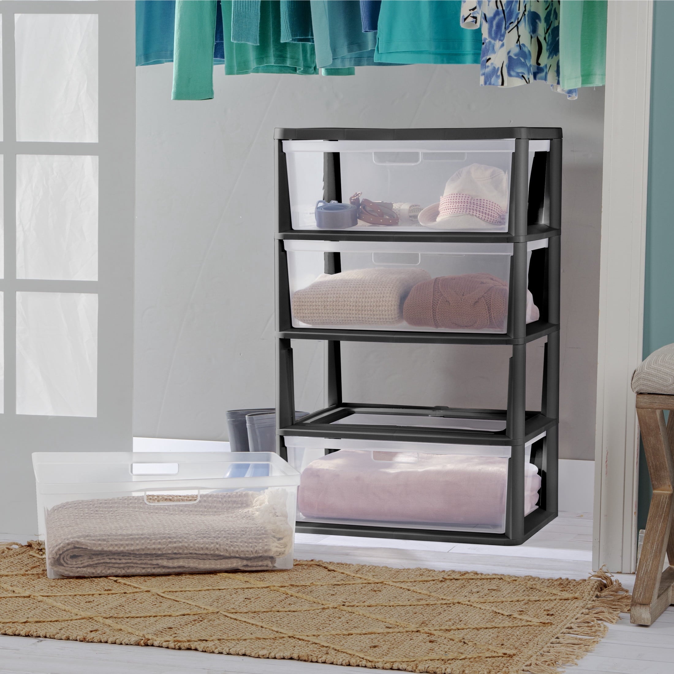 Sterilite Wide 4 Drawer Tower - Plastic Storage Organizer with Removable Clear Bins, Easy Assembly, No Tools Needed, Black - 2-Pack