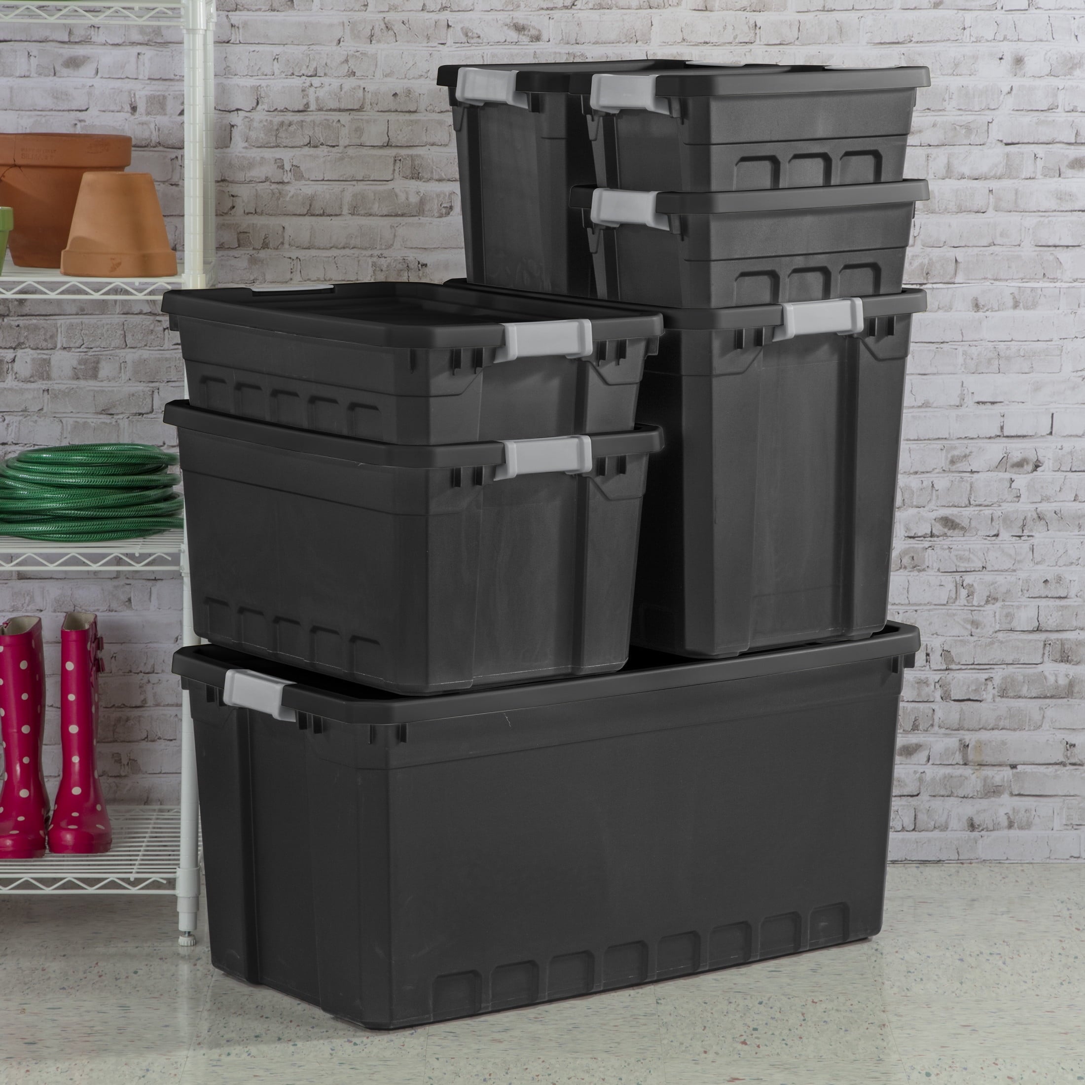 Sterilite 7.5 Gallon Stacker Tote - Durable Plastic Bin with Latch Lid, Black