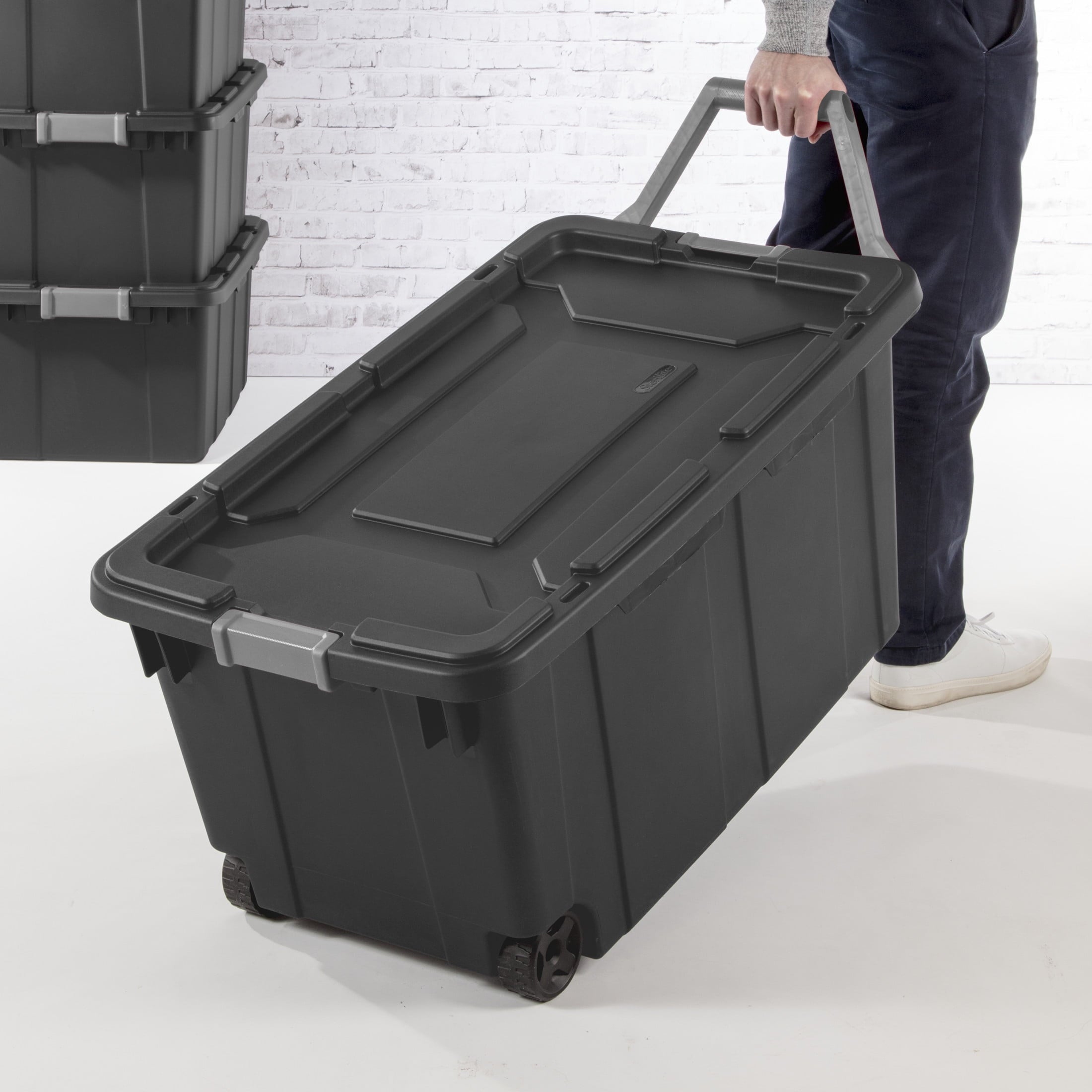 Sterilite Extra-Large Wheeled Industrial Storage Bin - 40 Gallon Durable Plastic Storage Tote with Latching Lid and Pull Handle, Dark Gray - 2-Pack