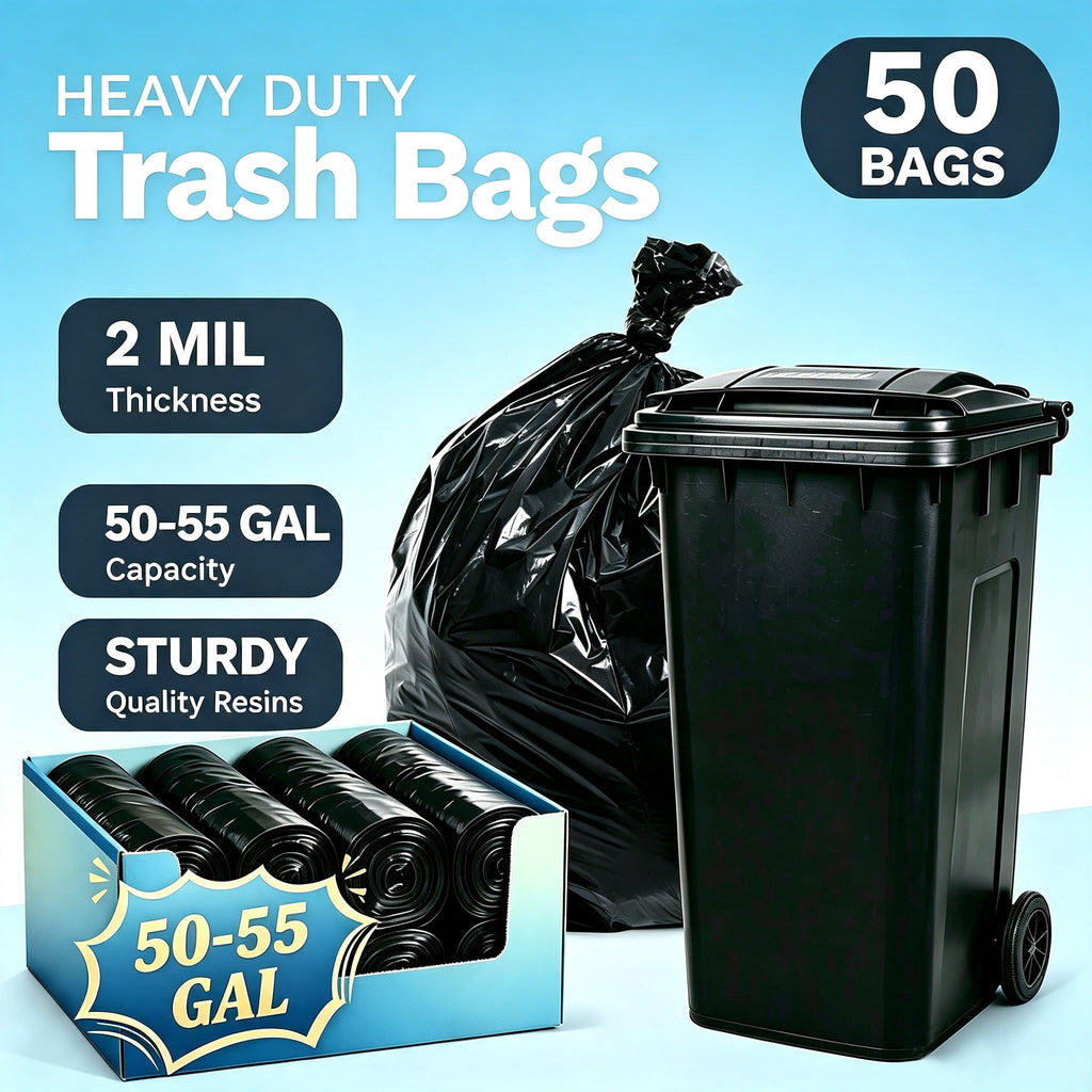 Lamosi 55 Gallon Trash Bags (50 Count) - Black Outdoor Garbage Bags for Waste, Lawn and Leaf, 1.5 Mil