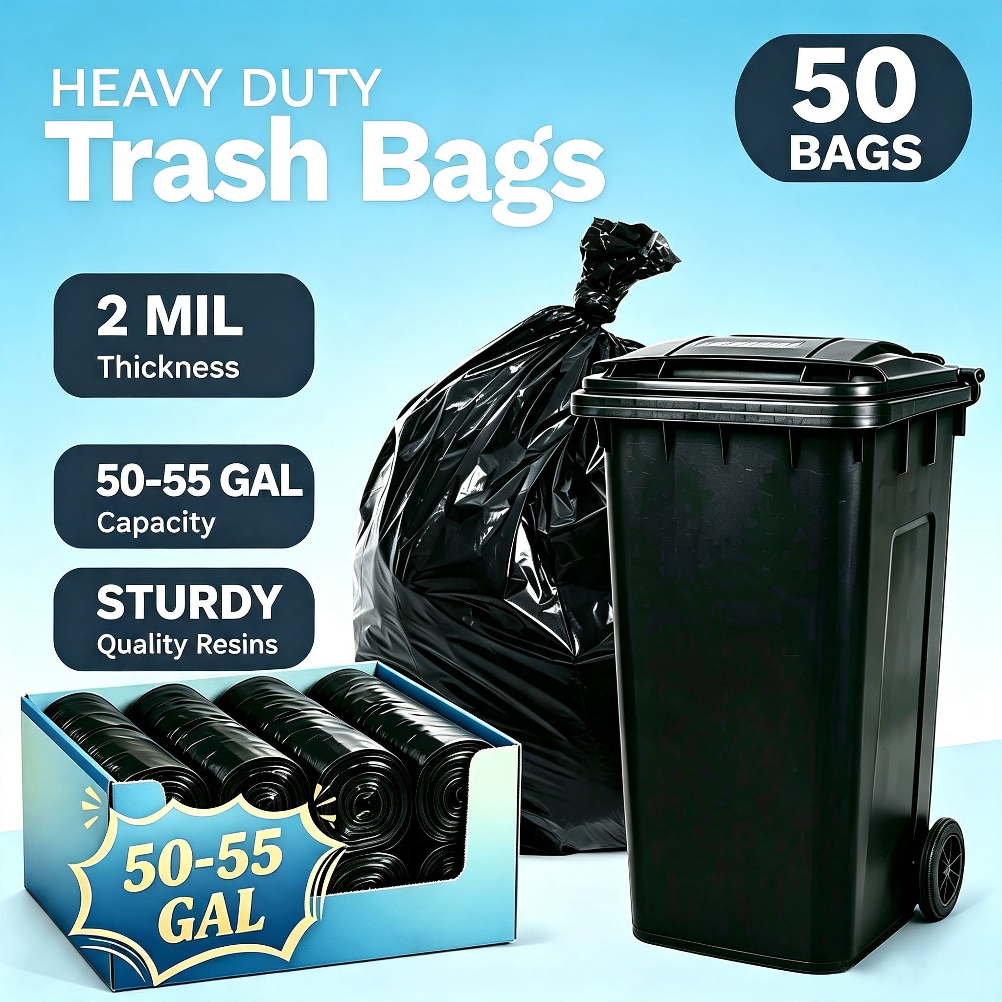 Lamosi 55 Gallon Trash Bags (50 Count) - Black Outdoor Garbage Bags for Waste, Lawn and Leaf, 1.5 Mil