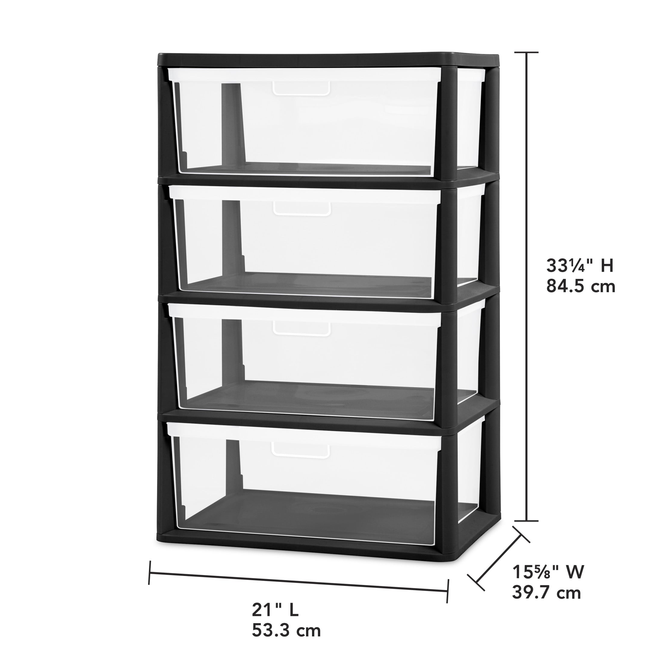 Sterilite Wide 4 Drawer Tower - Plastic Storage Organizer with Removable Clear Bins, Easy Assembly, No Tools Needed, Black - 2-Pack