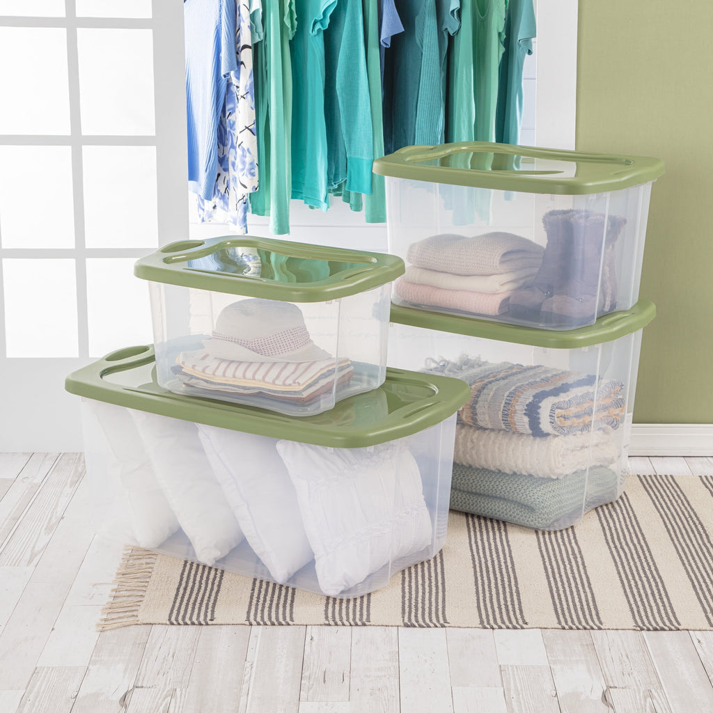 Sterilite EZ Carry 95 Quart Extra-Large Storage Bin - Clear Plastic Storage Container with Full-Grip Handles, Green