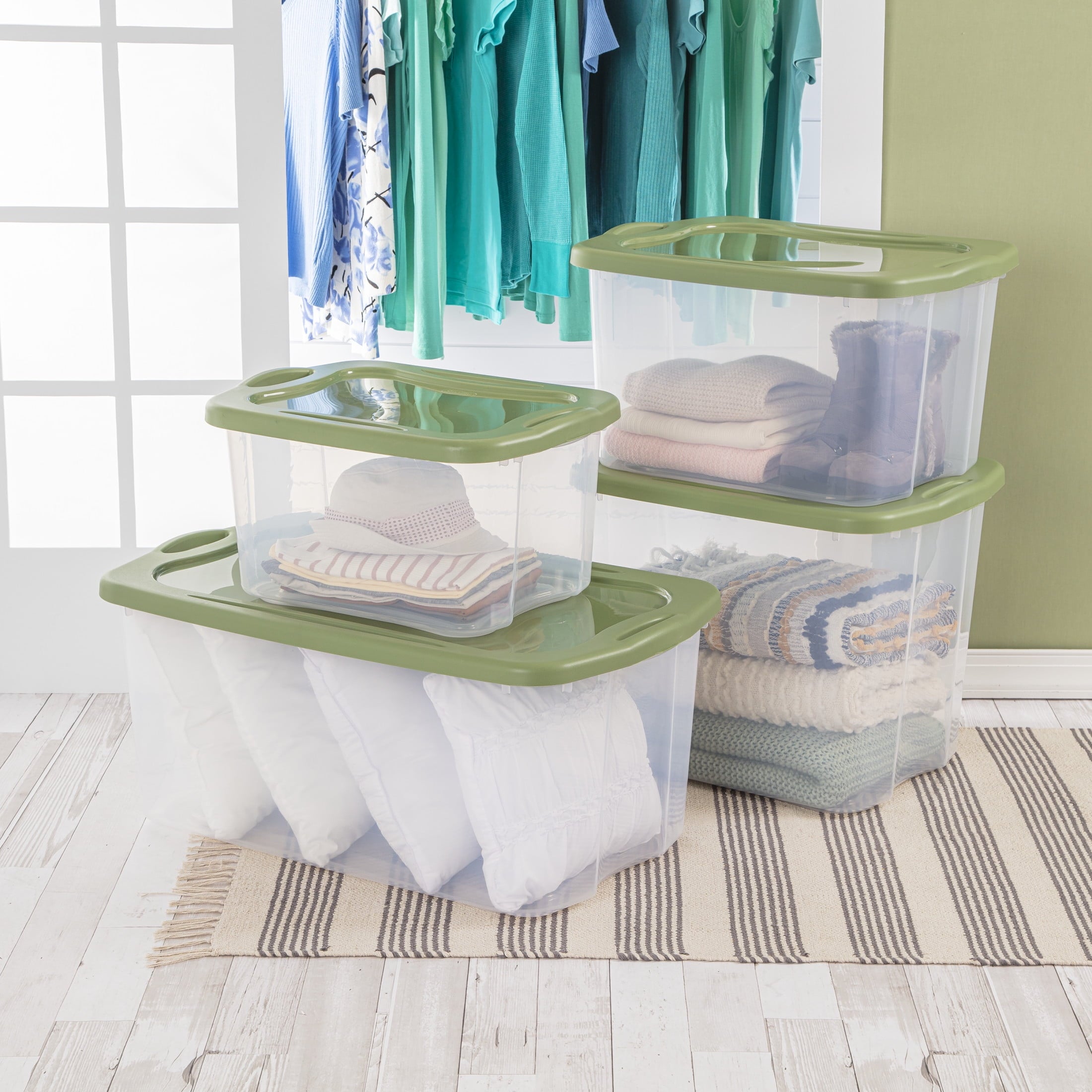 Sterilite EZ Carry 95 Quart Extra-Large Storage Bin - Clear Plastic Storage Container with Full-Grip Handles, Green
