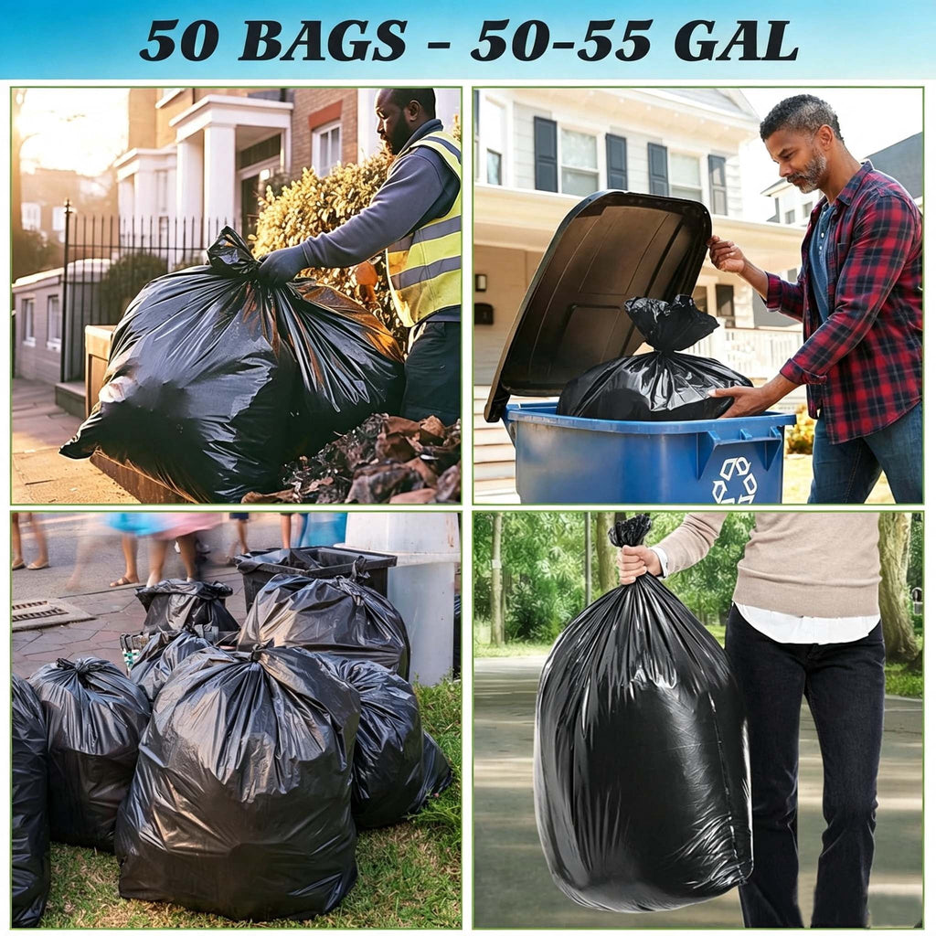 Lamosi 55 Gallon Trash Bags (50 Count) - Black Outdoor Garbage Bags for Waste, Lawn and Leaf, 1.5 Mil
