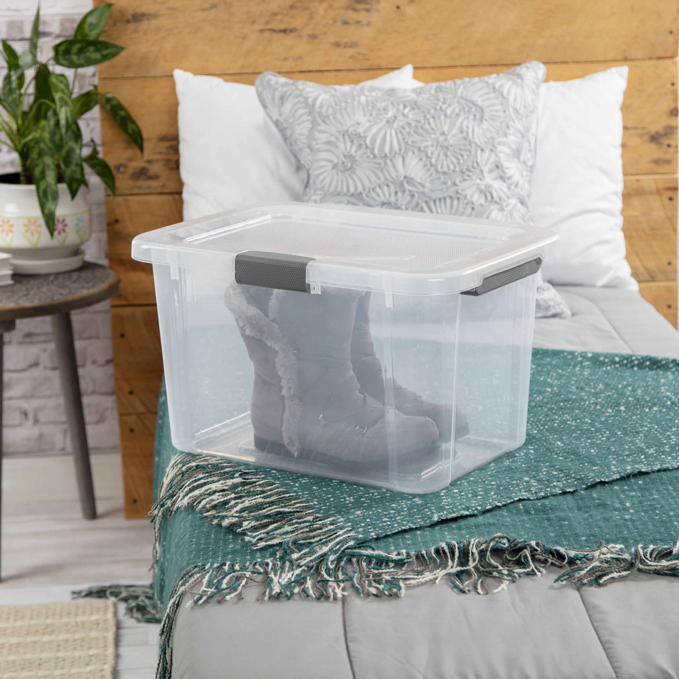Sterilite 30 Quart HingeLID Storage Box - Clear Bin, Latch Lid, Comfort Grip, Dk Gray