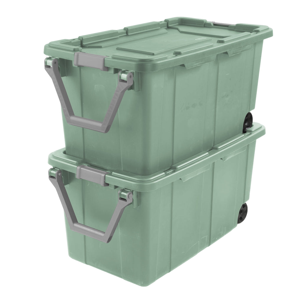 Sterilite Extra-Large Wheeled Industrial Storage Bin - 40 Gallon Durable Plastic Storage Tote with Latching Lid and Pull Handle, Green, 2 Pack