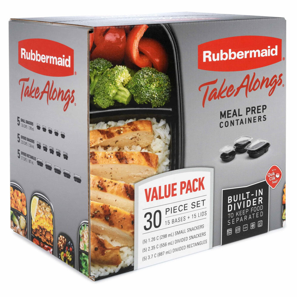 Rubbermaid TakeAlongs Meal Prep Food Storage Containers with Divided Base - 30 Pieces Value Pack