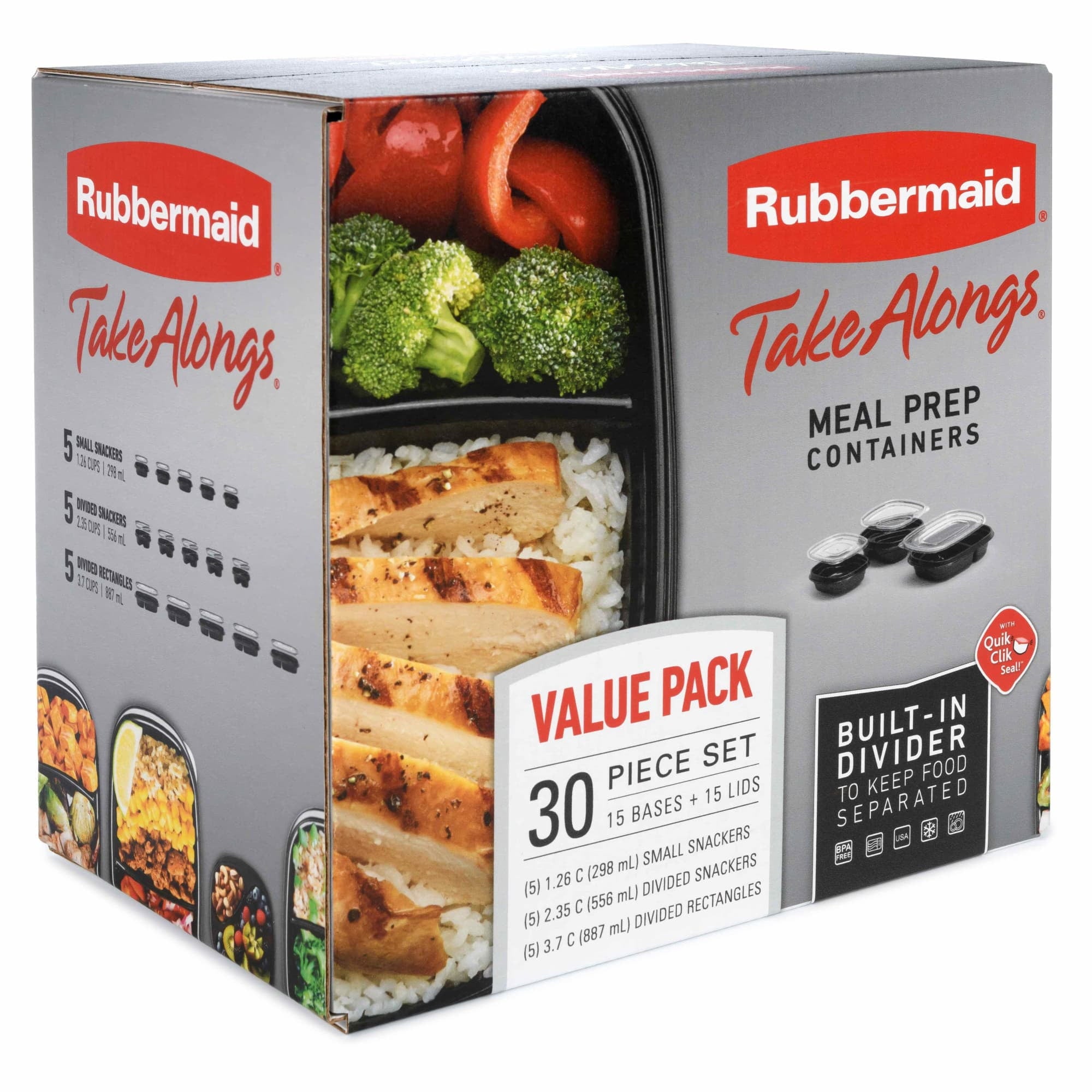 Rubbermaid TakeAlongs Meal Prep Food Storage Containers with Divided Base - 30 Pieces Value Pack