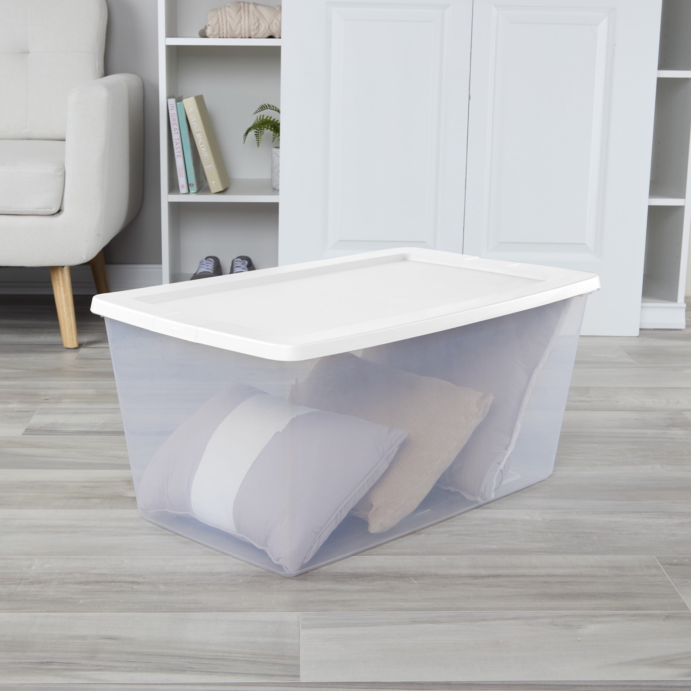Sterilite 90 Quart Large Storage Bin - Clear Plastic Storage Container with Snap-On Lid, White - 2-Pack