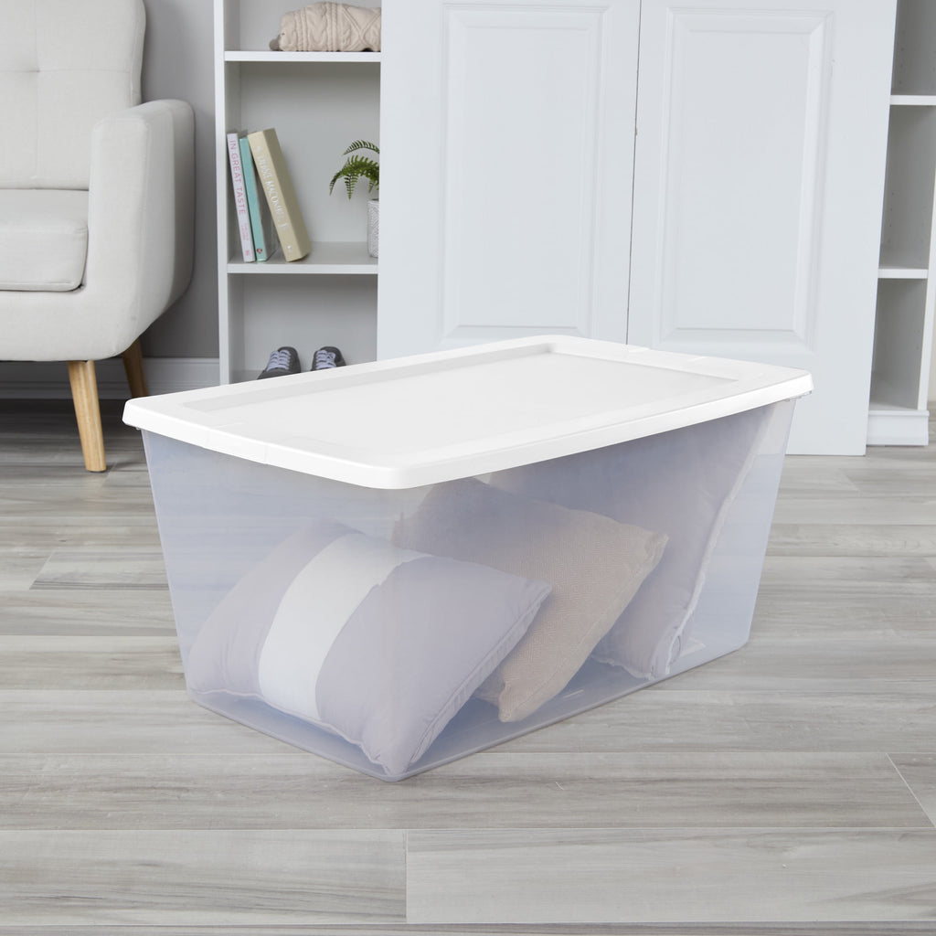 Sterilite 90 Quart Storage Box - Clear Plastic Storage Bin with Snap-on Lid, White, 4 Pack