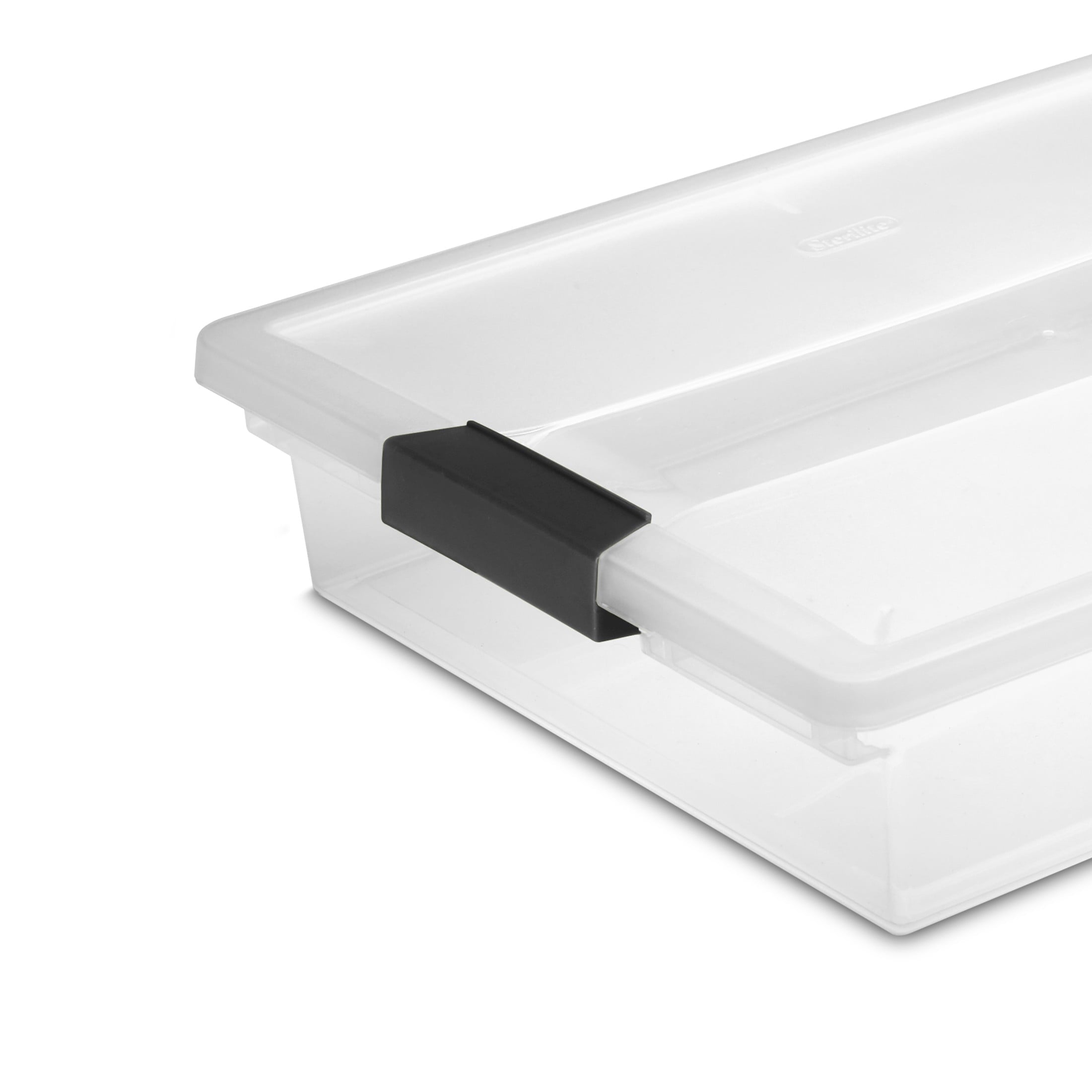 Sterilite Large Clip Box - Clear Plastic Storage Bin with Latching Lid, Fits Letter-Size Paper, Black Latches