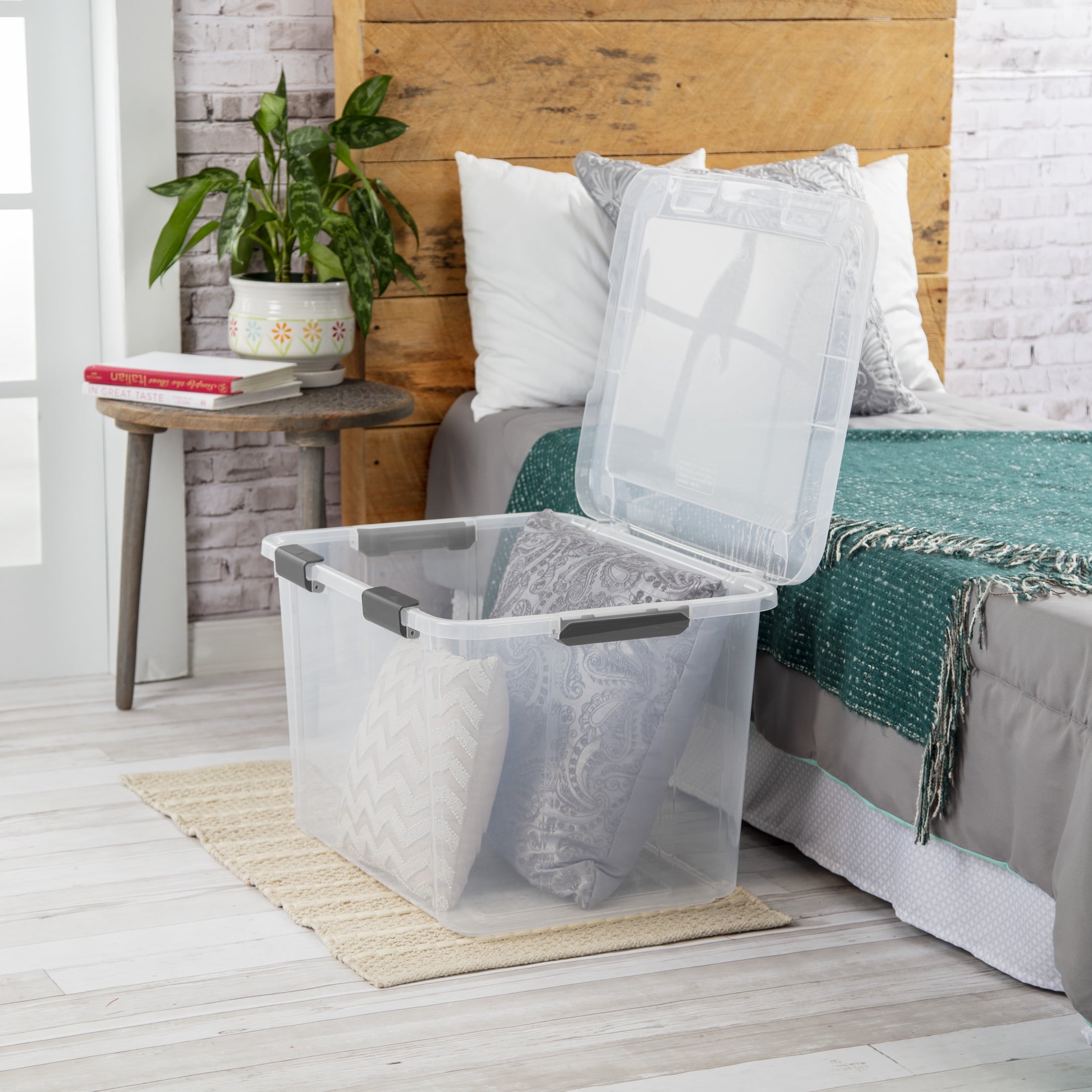 Sterilite 80 Quart HingeLID Clear Storage Bin with Latch Lid and Comfort Grip - Dark Gray, 4 Pack
