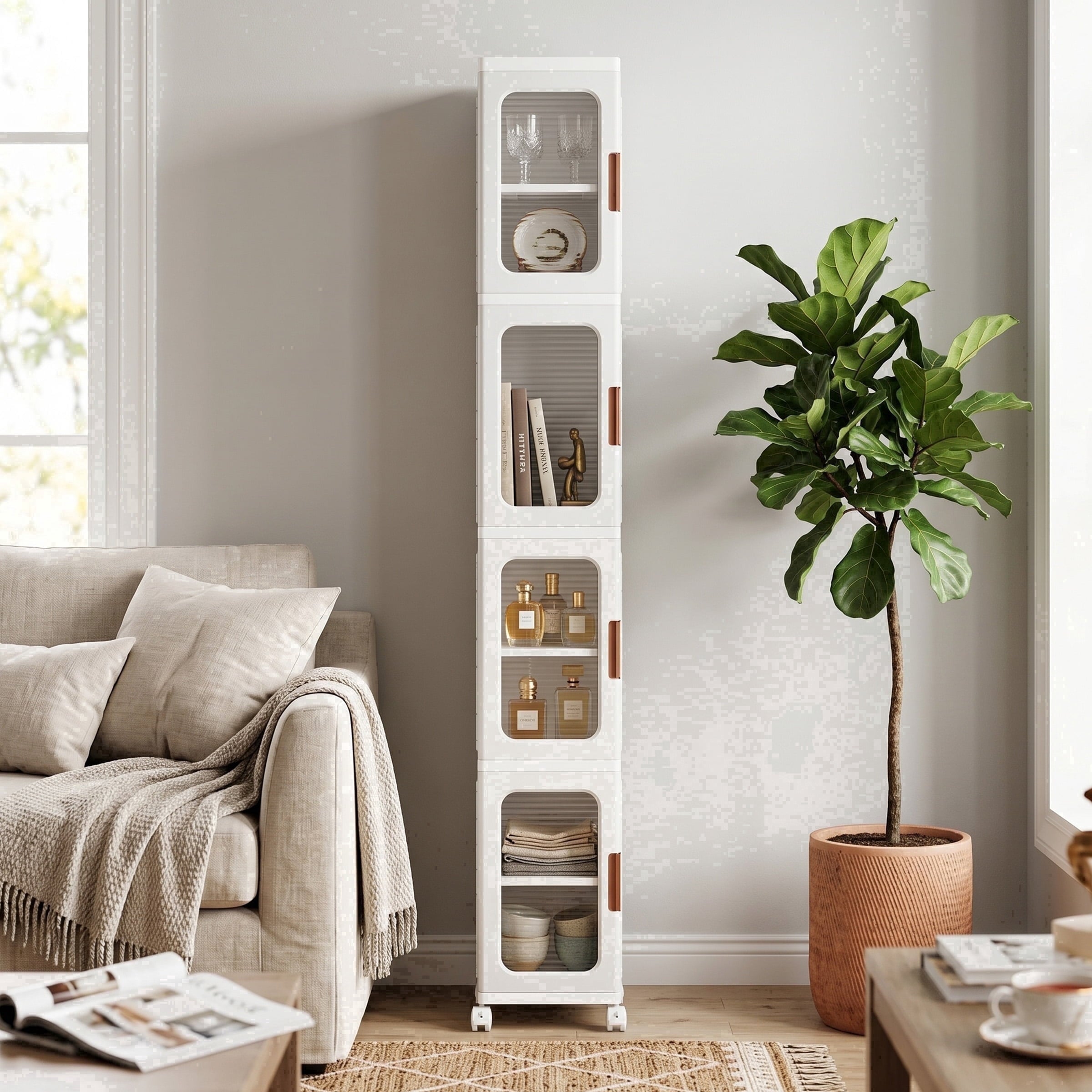 Avaloomia Home 4 Tier Stackable Storage Bins with Lids and Wheels - 108QT Folding Storage Cabinets Plastic Closet Organizer and Storage for Bathroom Living Room Office, White