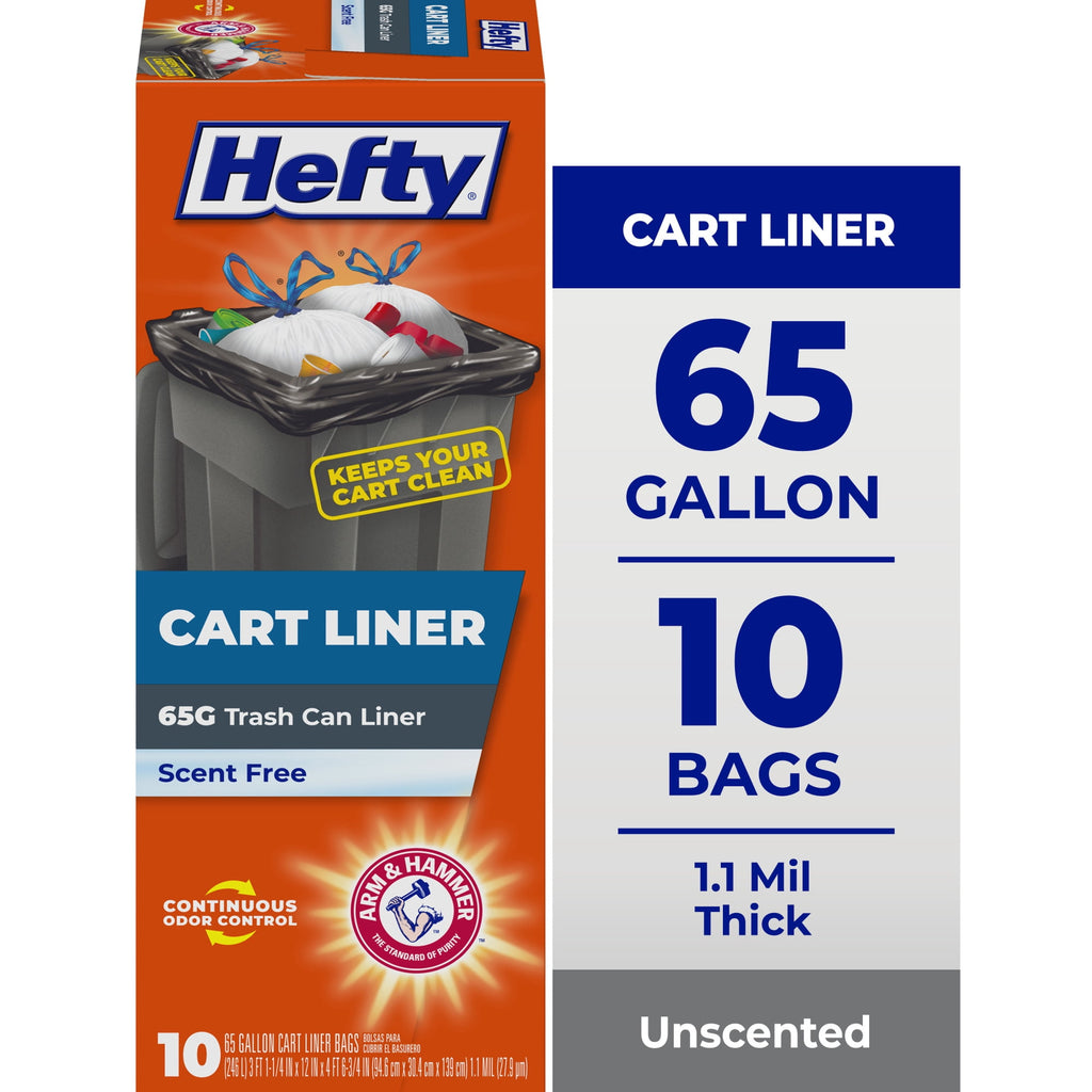 Hefty Cart Liner Trash Bags - 65 Gallon, 10 Bags (Scent Free, ARM & HAMMER Odor Control, Drawstring)