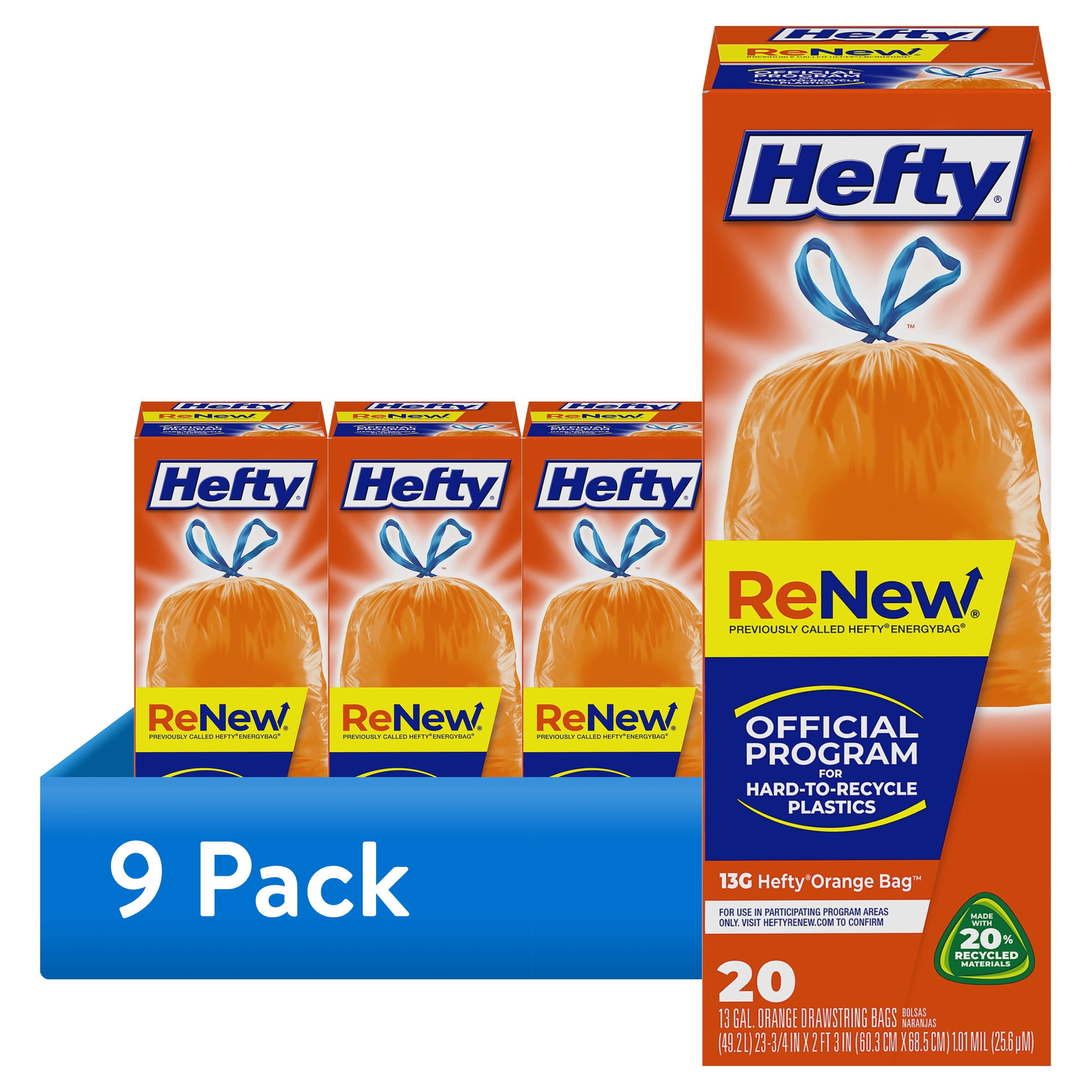 Hefty ReNew Orange Drawstring Bag for Hard to Recycle Plastics - Made with 20% Post-Consumer Recycled Materials, 20 Count - 9-Pack