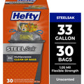 Hefty Steelsak Heavy Duty Large Trash Bags - Gray, Unscented, 33 Gallon, 30 Count
