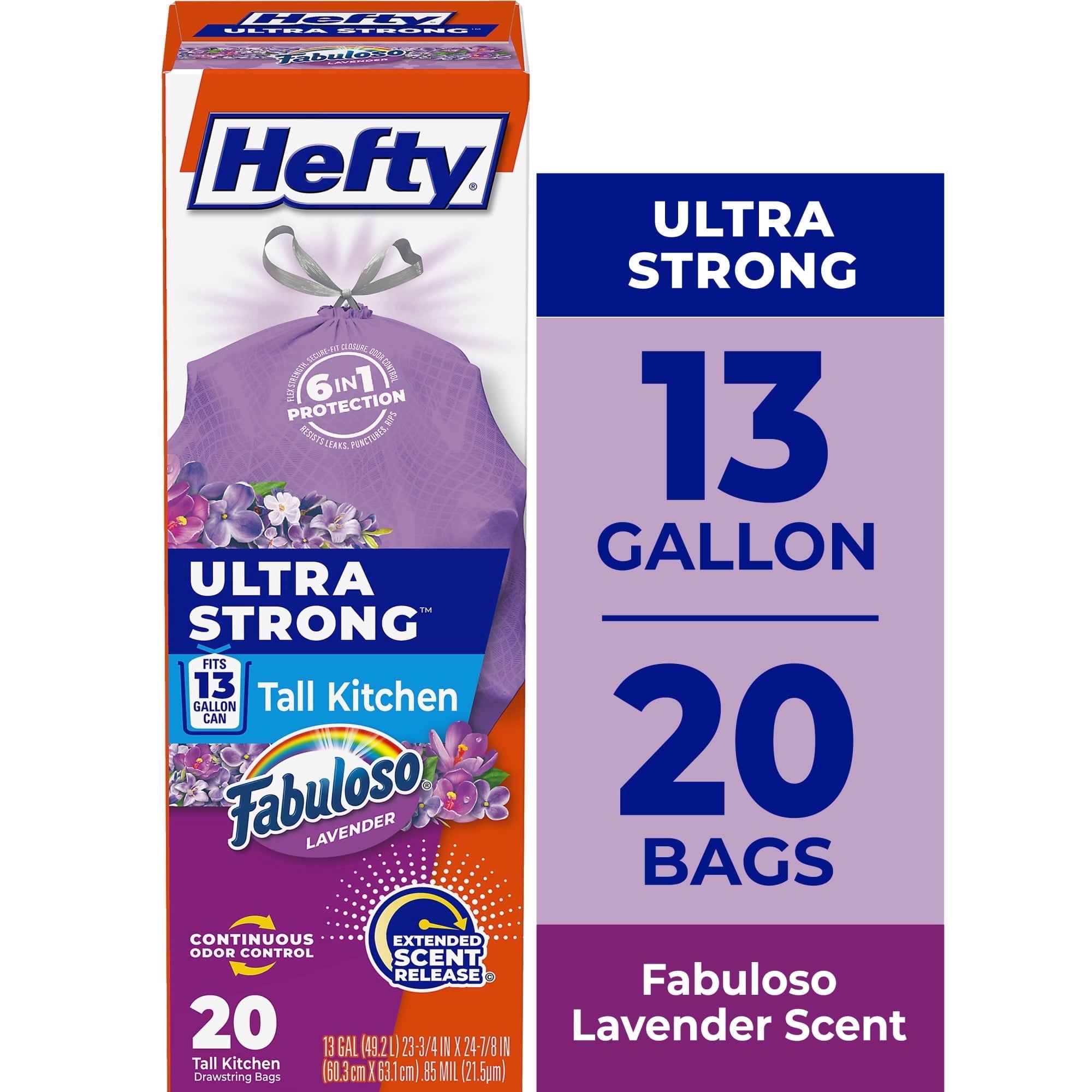Hefty Ultra Strong 13 Gallon Trash Bags - Tall Kitchen Trash Bags, Purple, Fabuloso Lavender Scent, 20 Bags