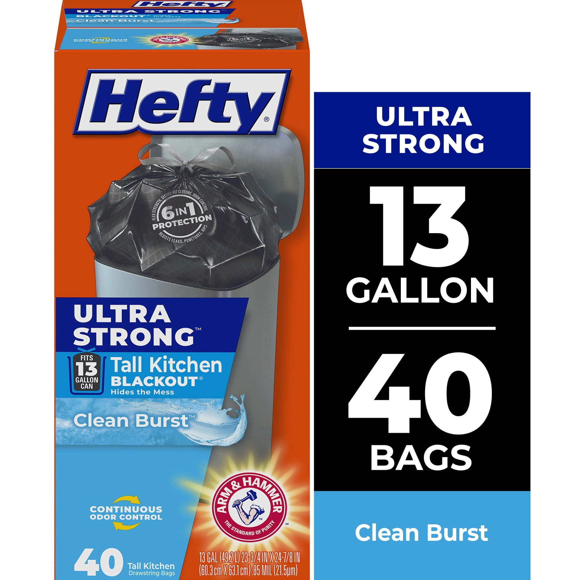 Hefty Ultra Strong 13 Gallon Trash Bags - Tall Kitchen Trash Bags, Blackout, Clean Burst Scent, 40 Bags
