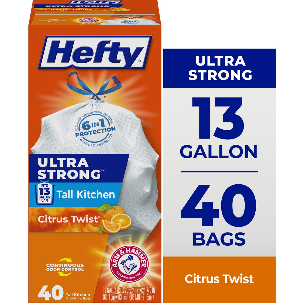 Hefty Ultra Strong 13 Gallon Trash Bags - Tall Kitchen Trash Bags, White, Citrus Twist Scent, 40 Bags
