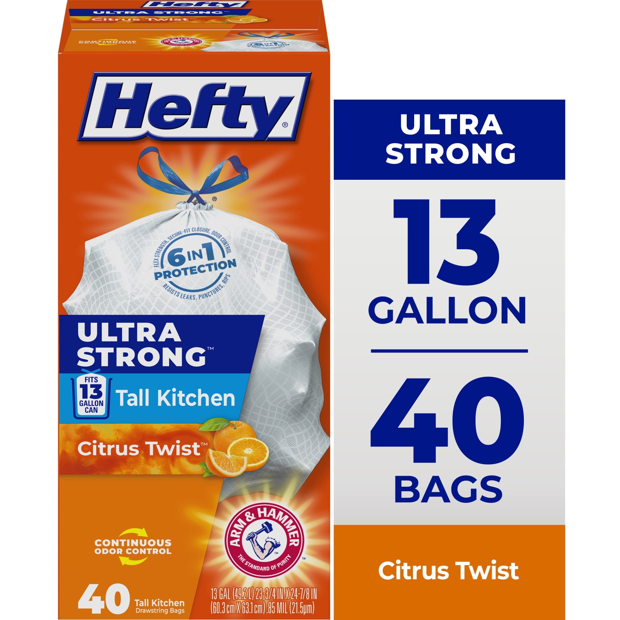Hefty Ultra Strong 13 Gallon Trash Bags - Tall Kitchen Trash Bags, White, Citrus Twist Scent, 40 Bags