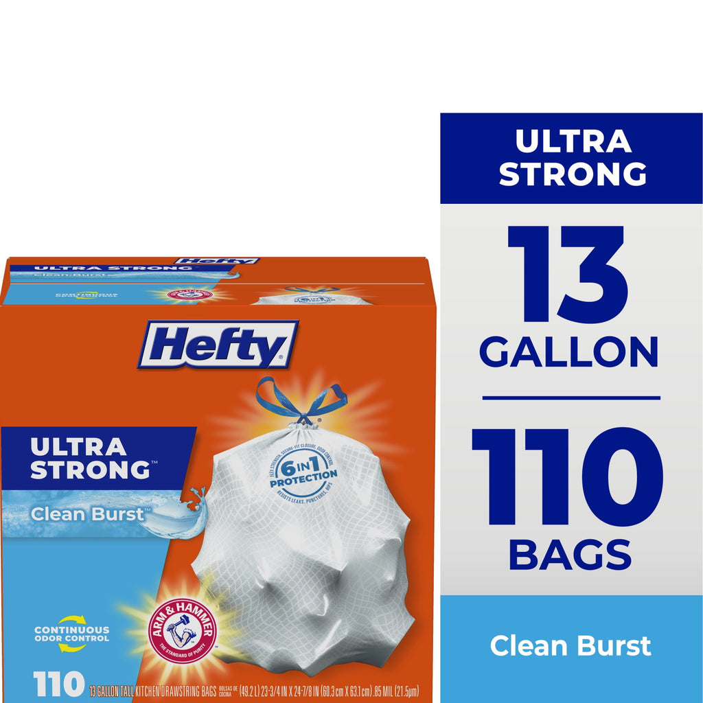 Hefty Ultra Strong 13 Gallon Trash Bags - Tall Kitchen Trash Bags, White, Clean Burst Scent, 110 Bags