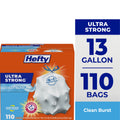 Hefty Ultra Strong 13 Gallon Trash Bags - Tall Kitchen Trash Bags, White, Clean Burst Scent, 110 Bags