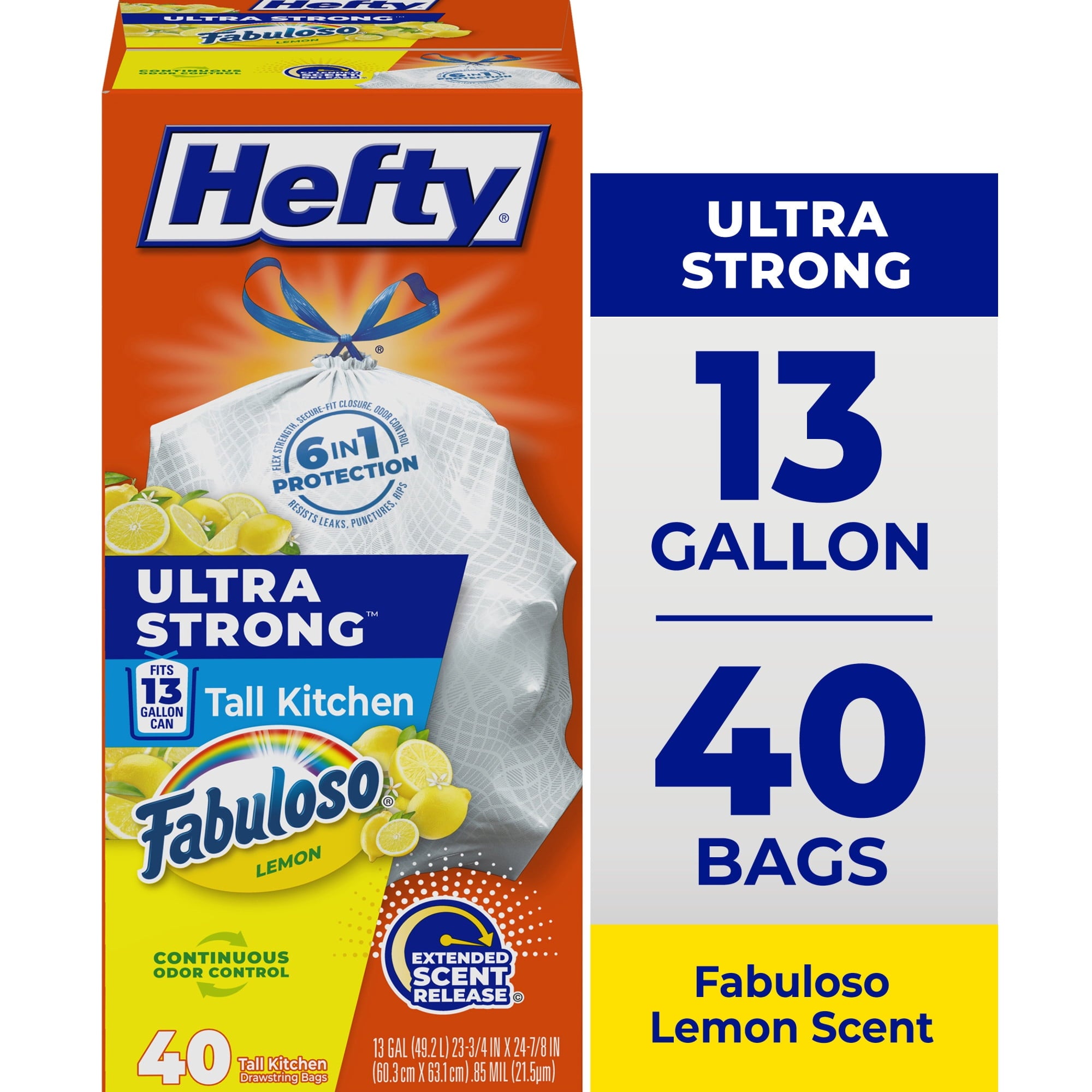 Hefty Ultra Strong 13 Gallon Trash Bags - Tall Kitchen Trash Bags, White, Fabuloso Lemon Scent, 40 Bags