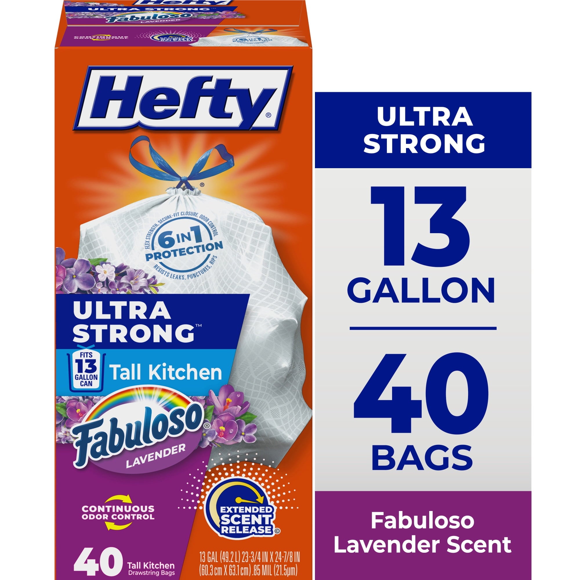 Hefty Ultra Strong 13 Gallon Trash Bags - Tall Kitchen Trash Bags, White, Fabuloso Lavender Scent, 40 Bags