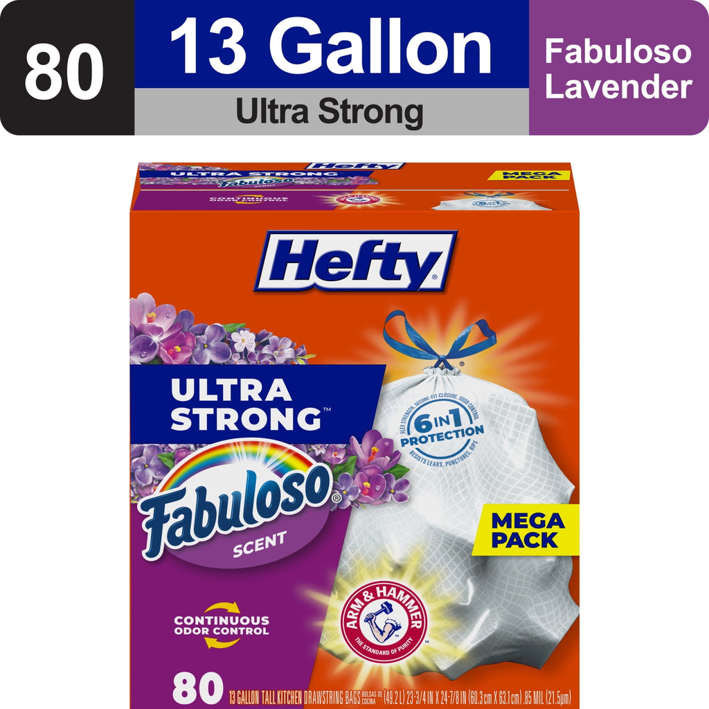 Hefty Ultra Strong 13 gallon Trash Bags - Tall Kitchen Trash Bags, White, Fabuloso Scent, 80 Bags