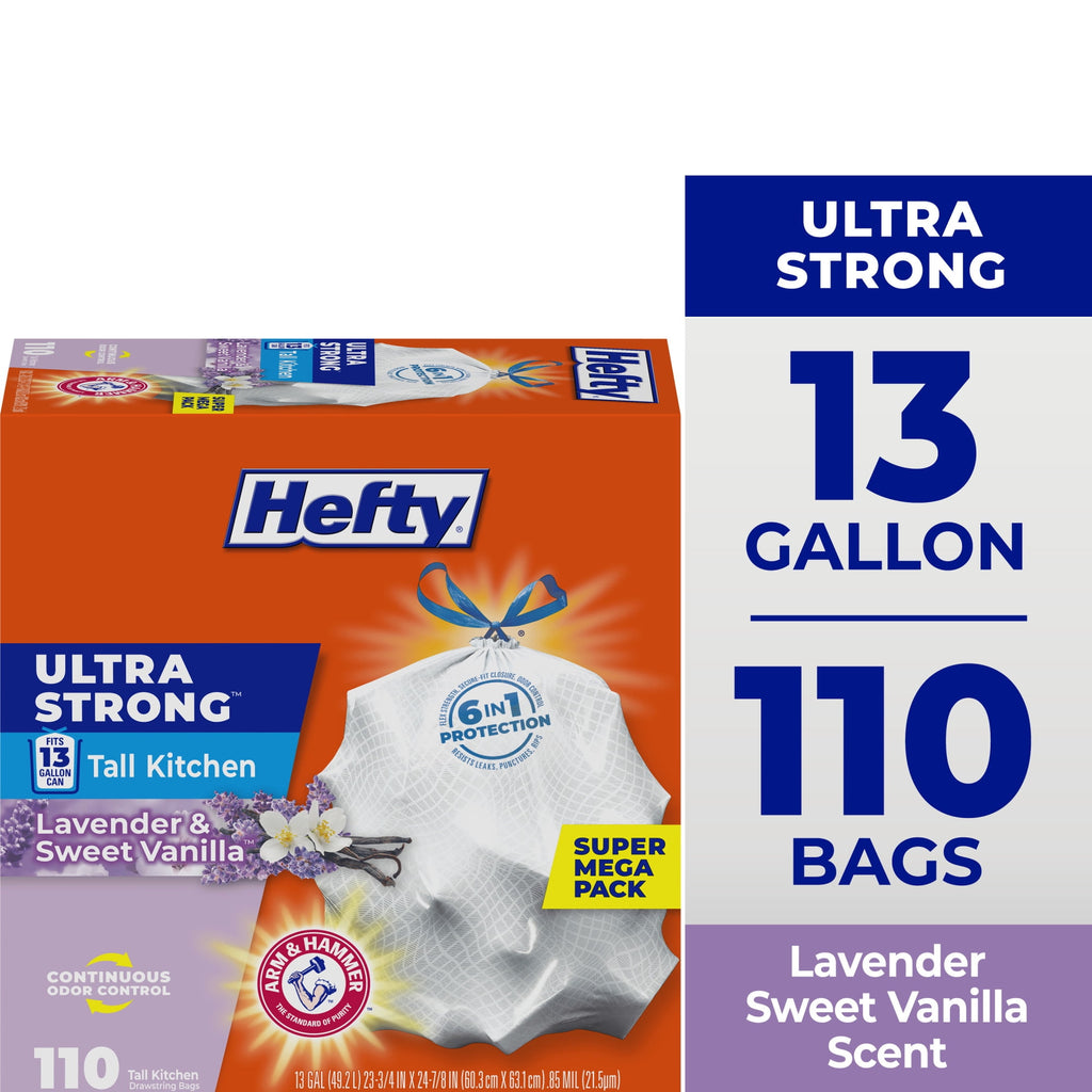 Hefty Ultra Strong 13 Gallon Trash Bags - Tall Kitchen Trash Bags, White, Lavender and Sweet Vanilla Scent, 110 Bags