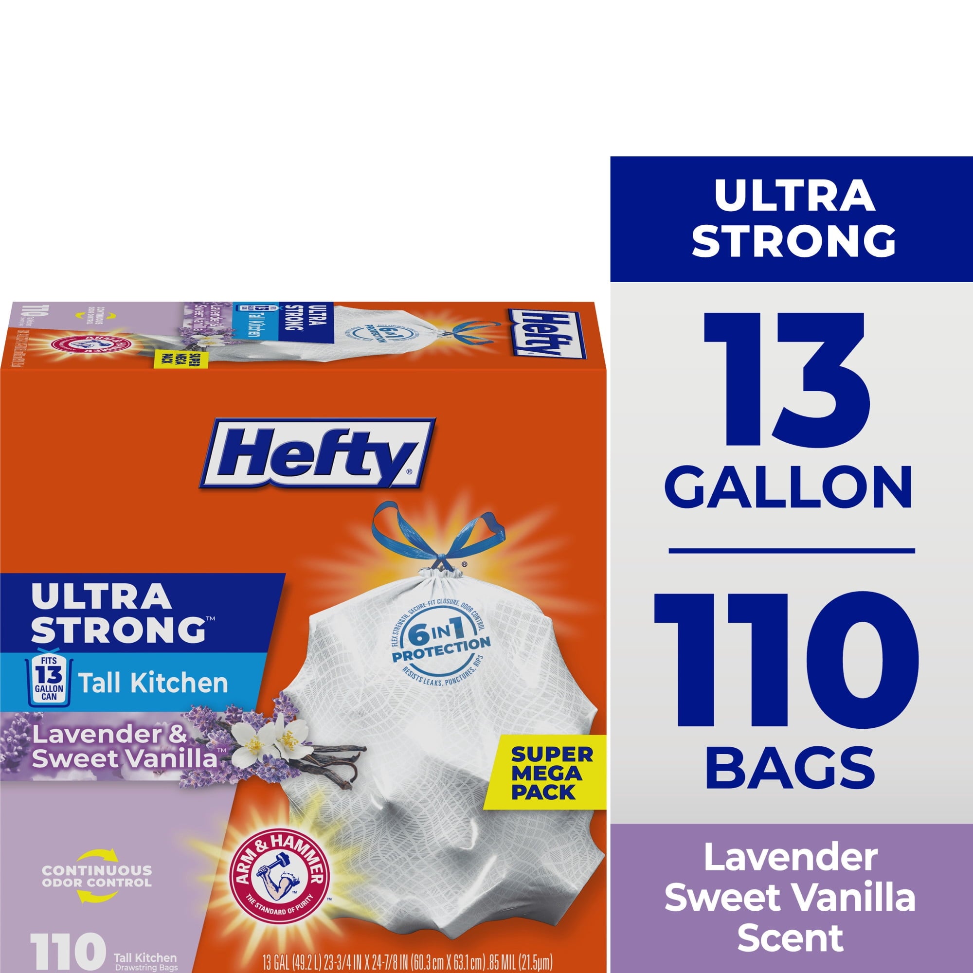 Hefty Ultra Strong 13 Gallon Trash Bags - Tall Kitchen Trash Bags, White, Lavender and Sweet Vanilla Scent, 110 Bags