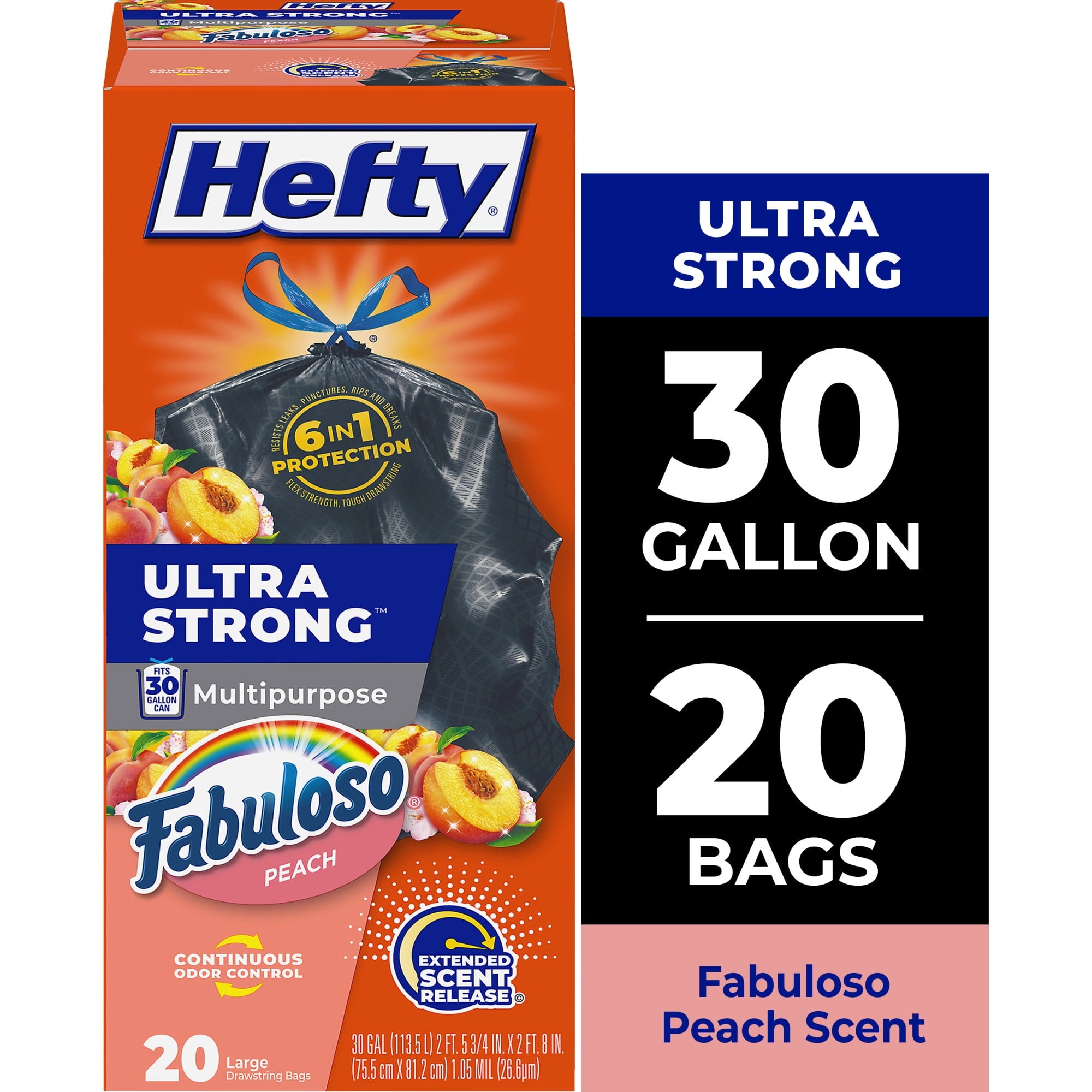 Hefty Ultra Strong 30 Gallon Trash Bags - Black Large Trash Bags, Fabuloso Peach Scent, 20 Bags