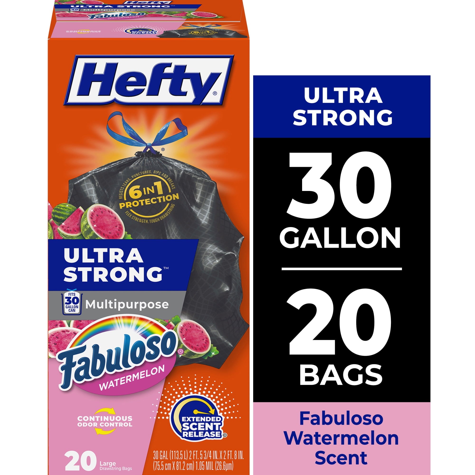 Hefty Ultra Strong 30 Gallon Trash Bags - Black Large Trash Bags, Fabuloso Watermelon Scent, 20 Bags