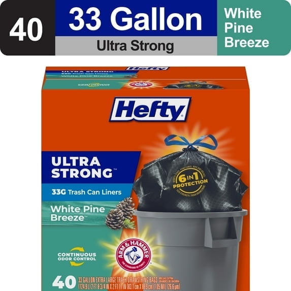 Hefty Ultra Strong 33 gallon Trash Bags - Black Large Trash Bags, White Pine Breeze Scent, 40 Bags
