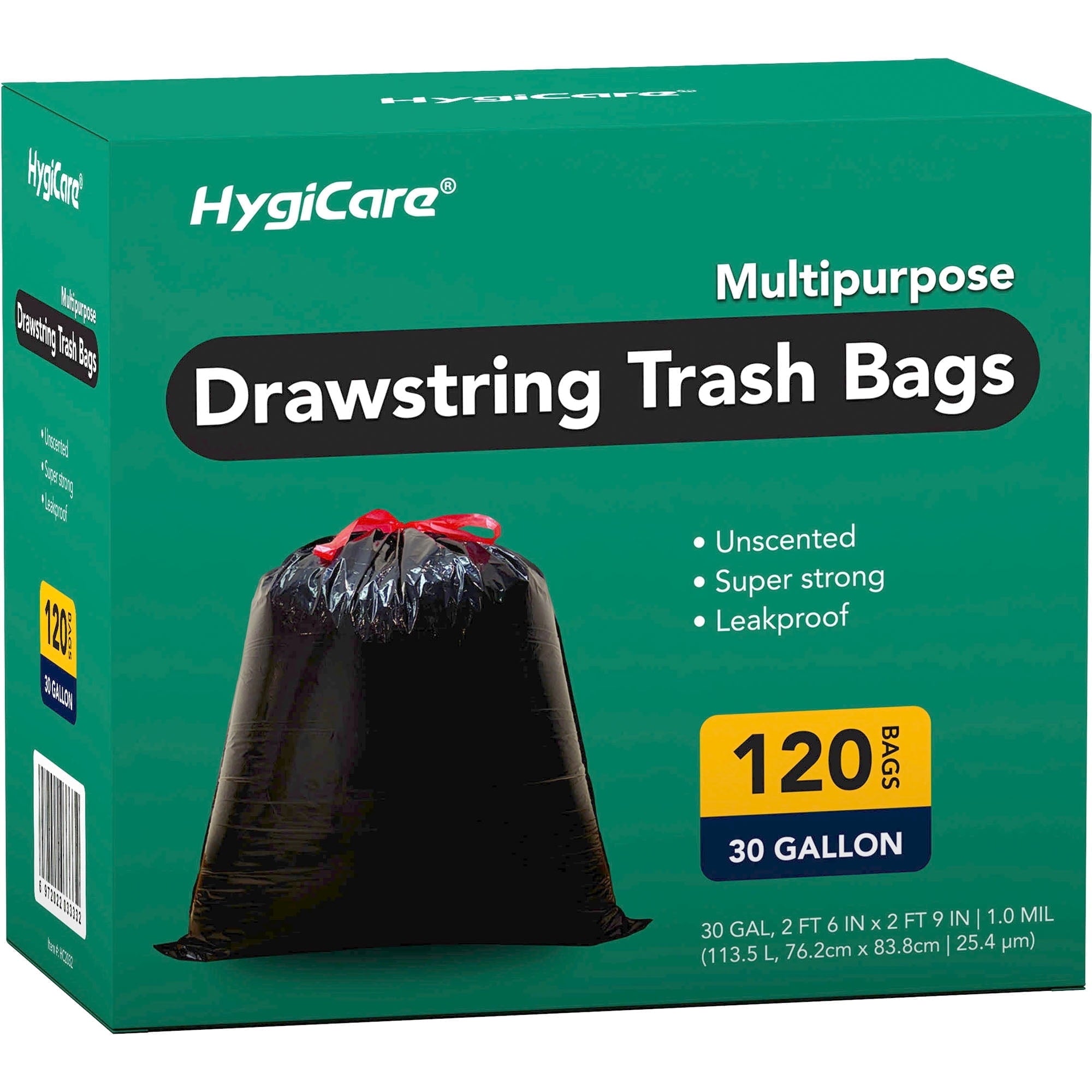 HygiCare 30 Gallon Drawstring Trash Bags - 120 Count, Super Strong, Leakproof, Unscented