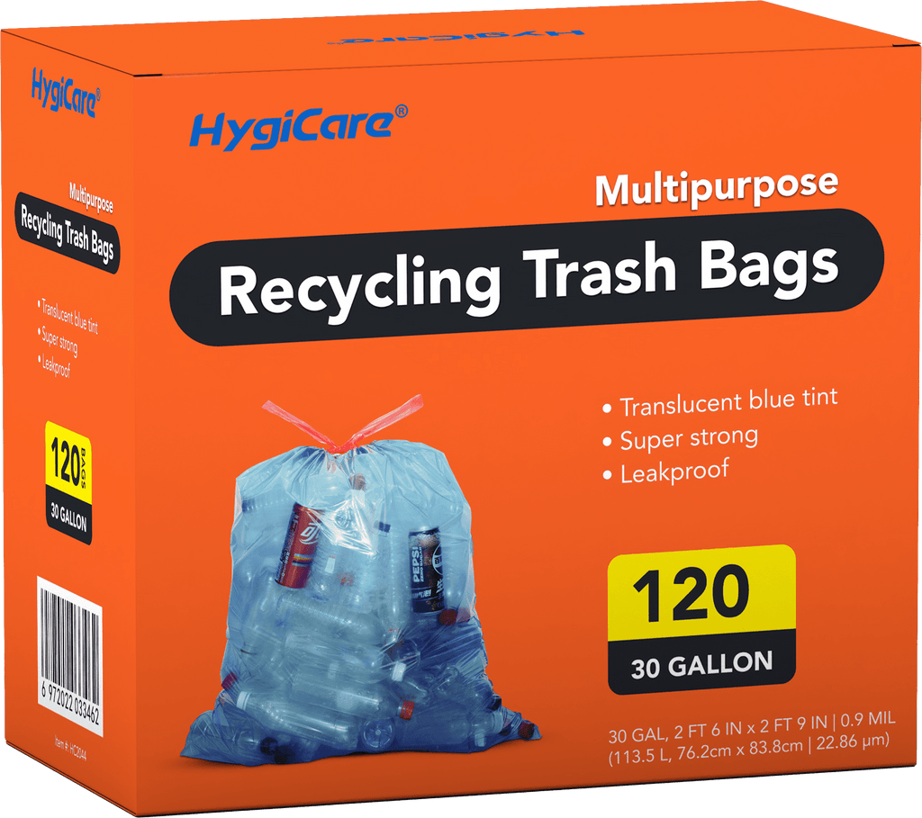 HygiCare Recycling Trash Bags - 30 Gallon, 120 Count, Unscented, Super Strong, Leakproof, Translucent Blue