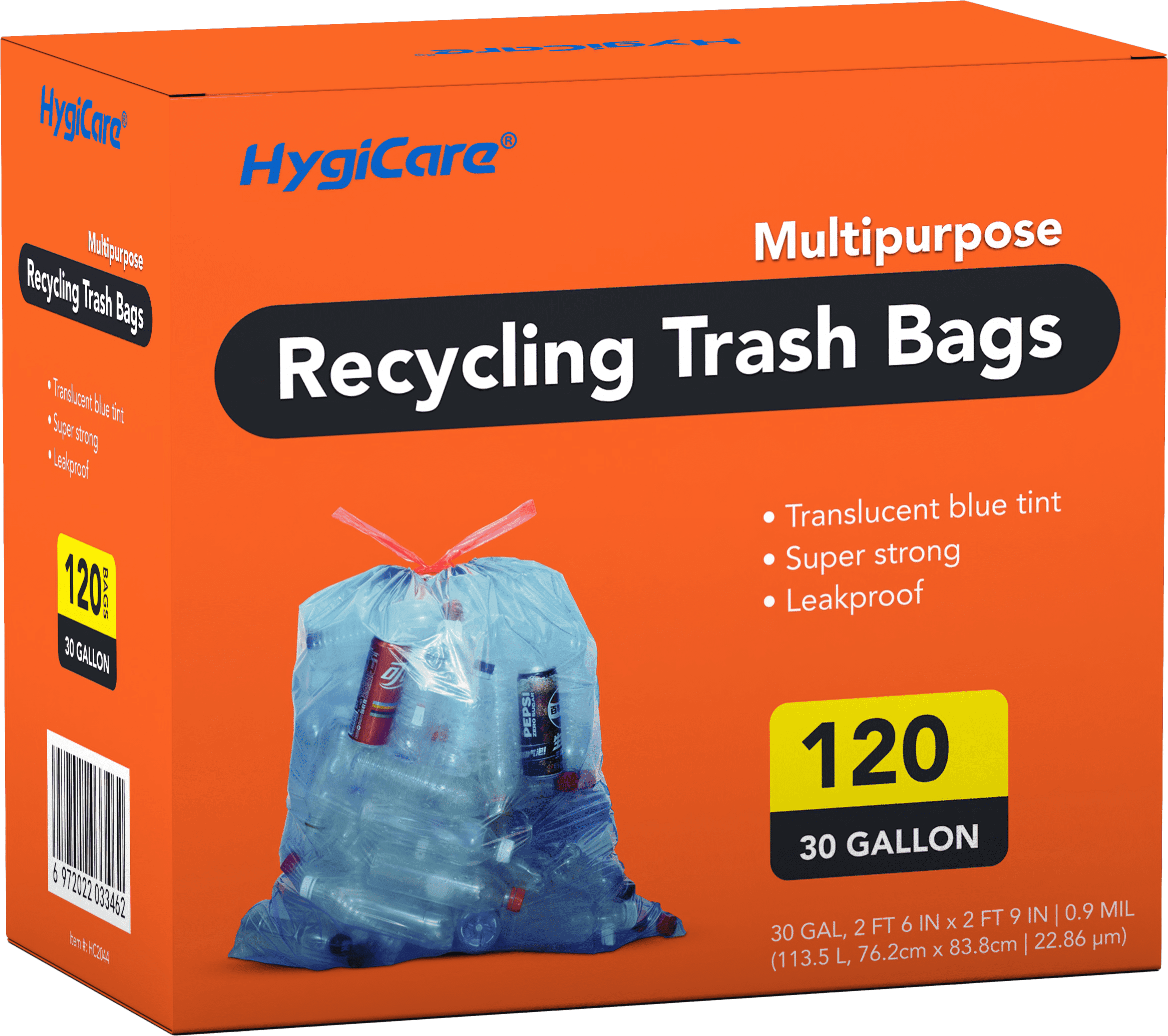 HygiCare Recycling Trash Bags - 30 Gallon, 120 Count, Unscented, Super Strong, Leakproof, Translucent Blue
